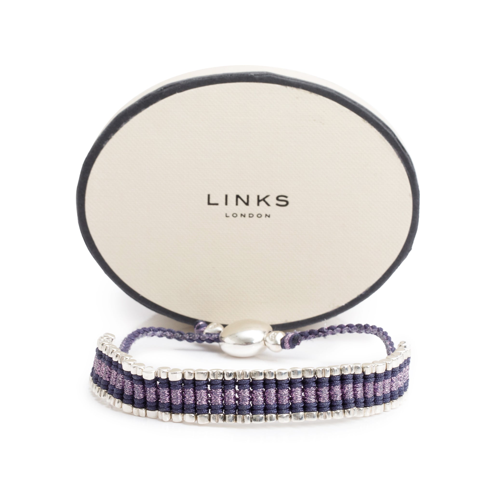 Links of London Sterling Silver Purple Cord Hearts Friendship Bracelet w/ Box