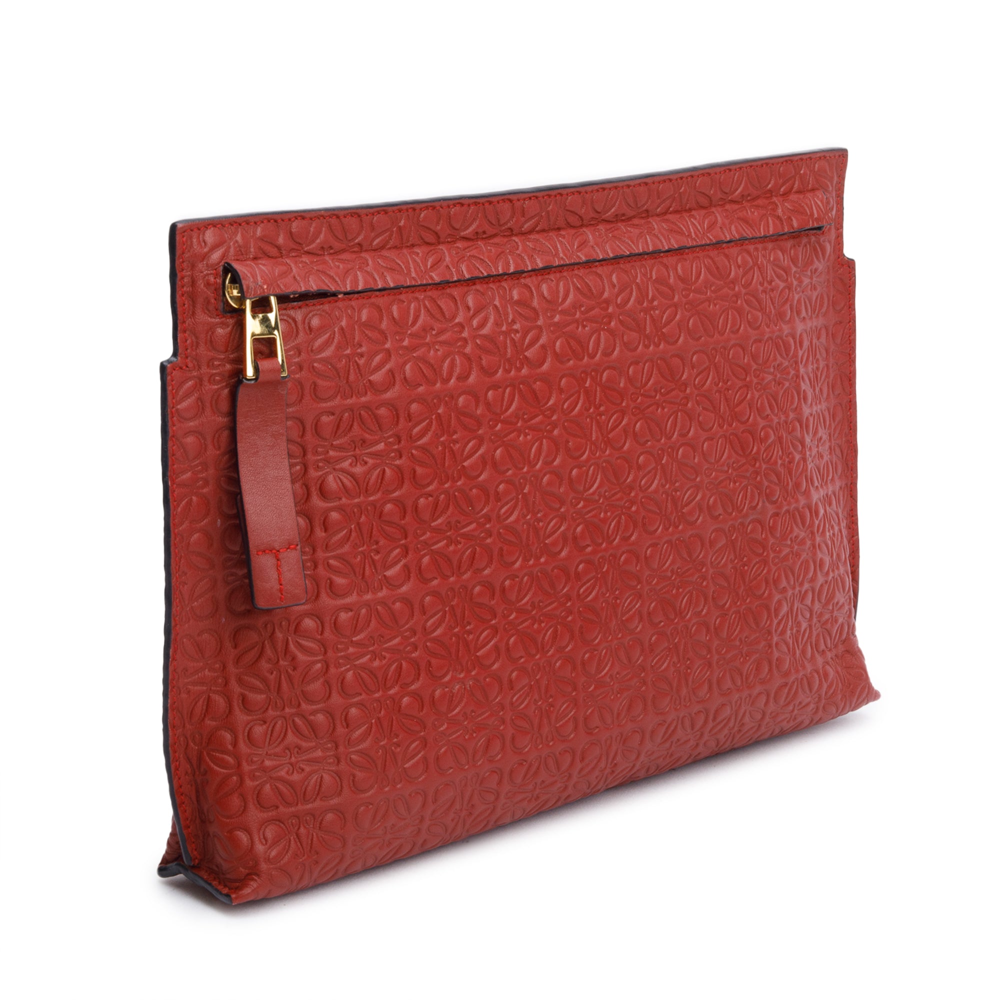 Loewe Red Anagram Embossed Leather T Clutch