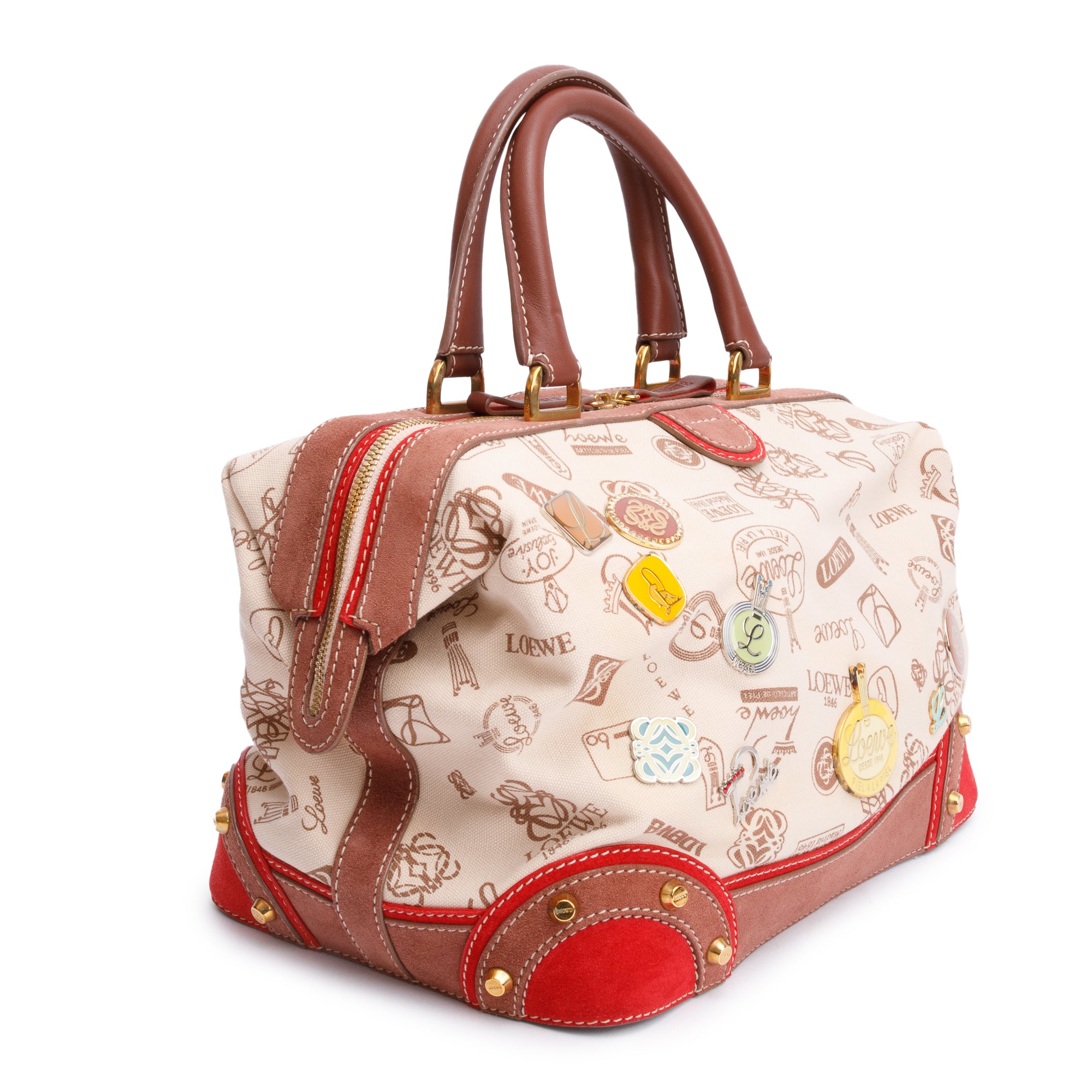 Loewe Vintage Beige Printed Logo Canvas Suede Doctor Bag