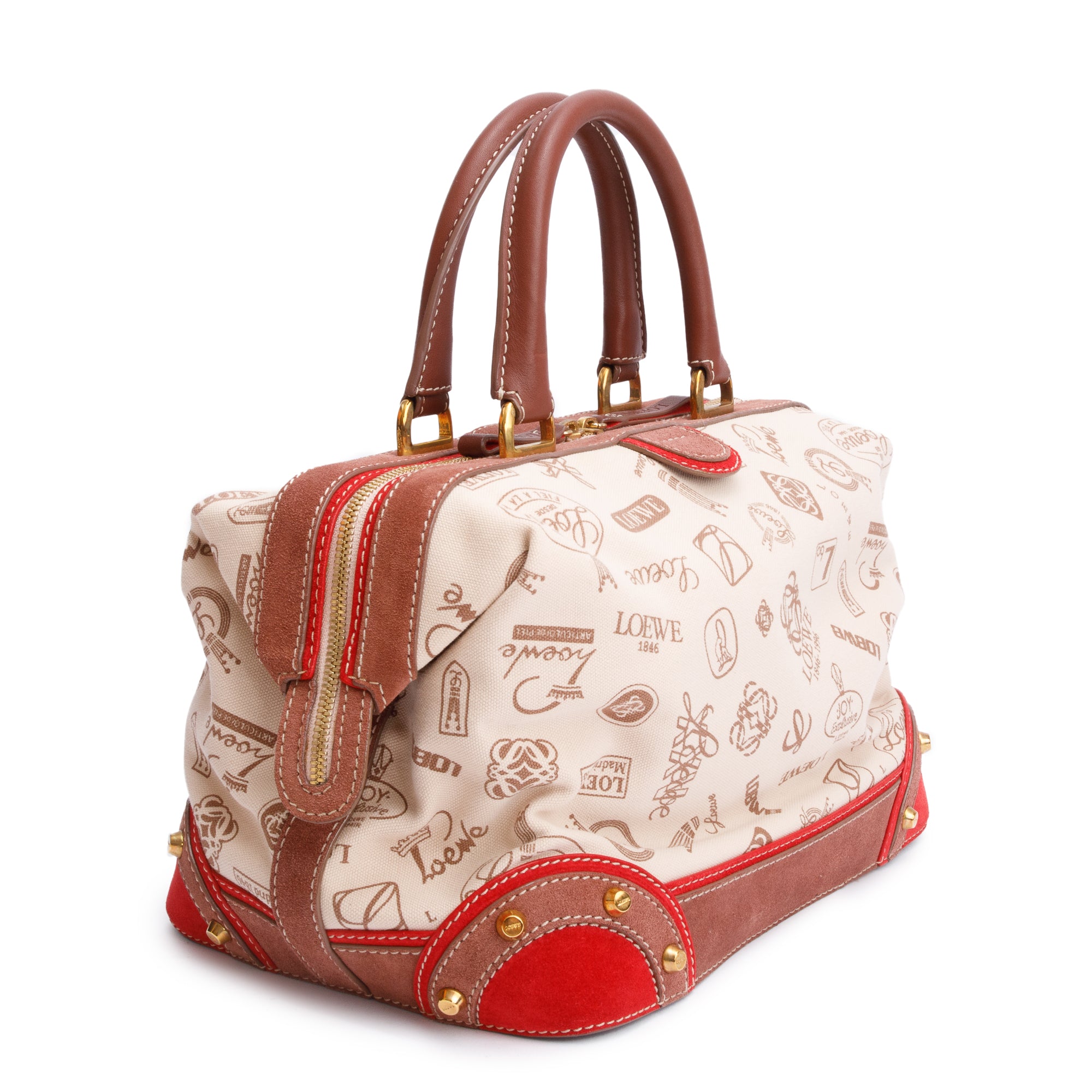 Loewe Vintage Beige Printed Logo Canvas Suede Doctor Bag