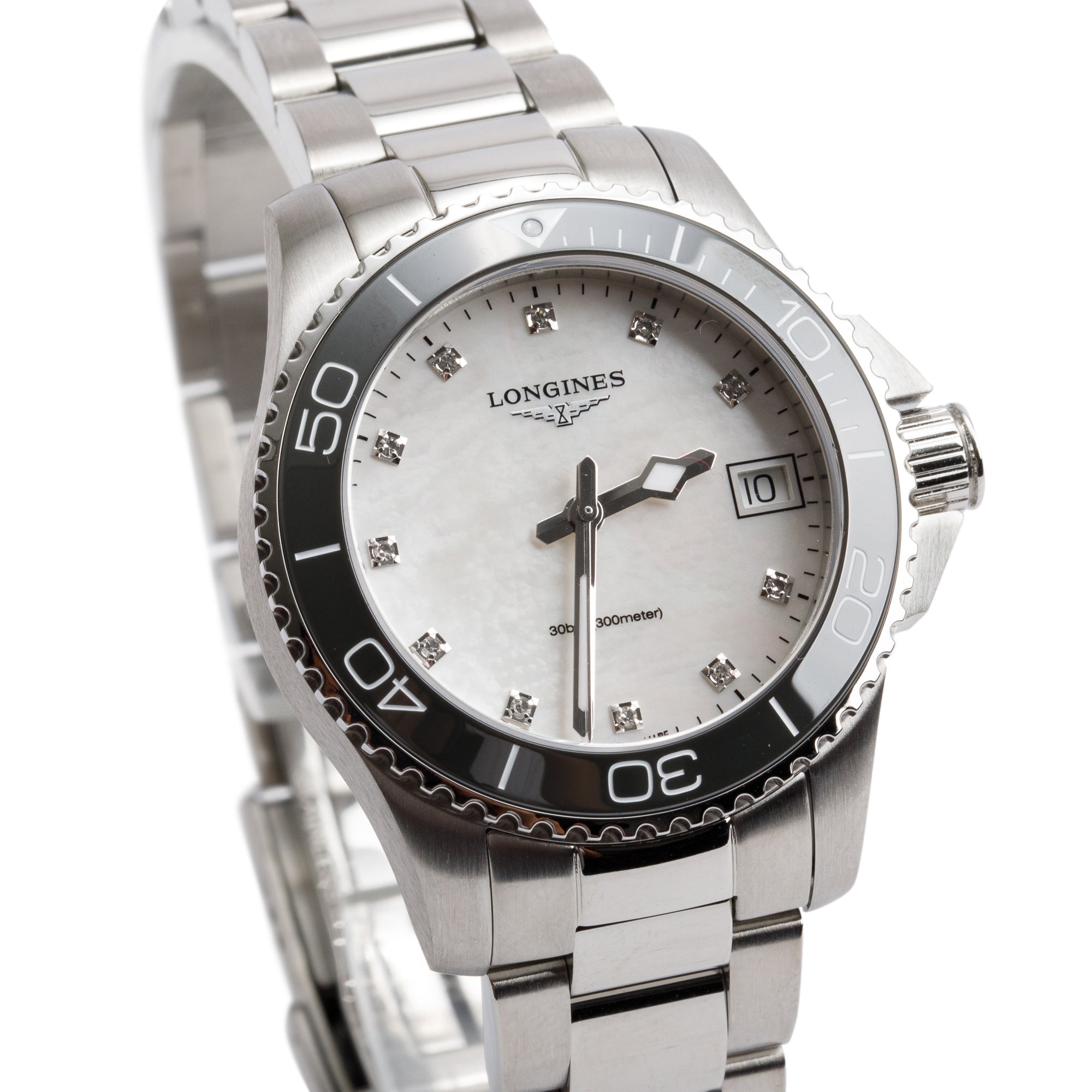 Longines 2024 Stainless Steel & Black Ceramic HydroConquest Mother of Pearl Diamond Dial 32 MM Quartz Watch w/ Box & Papers