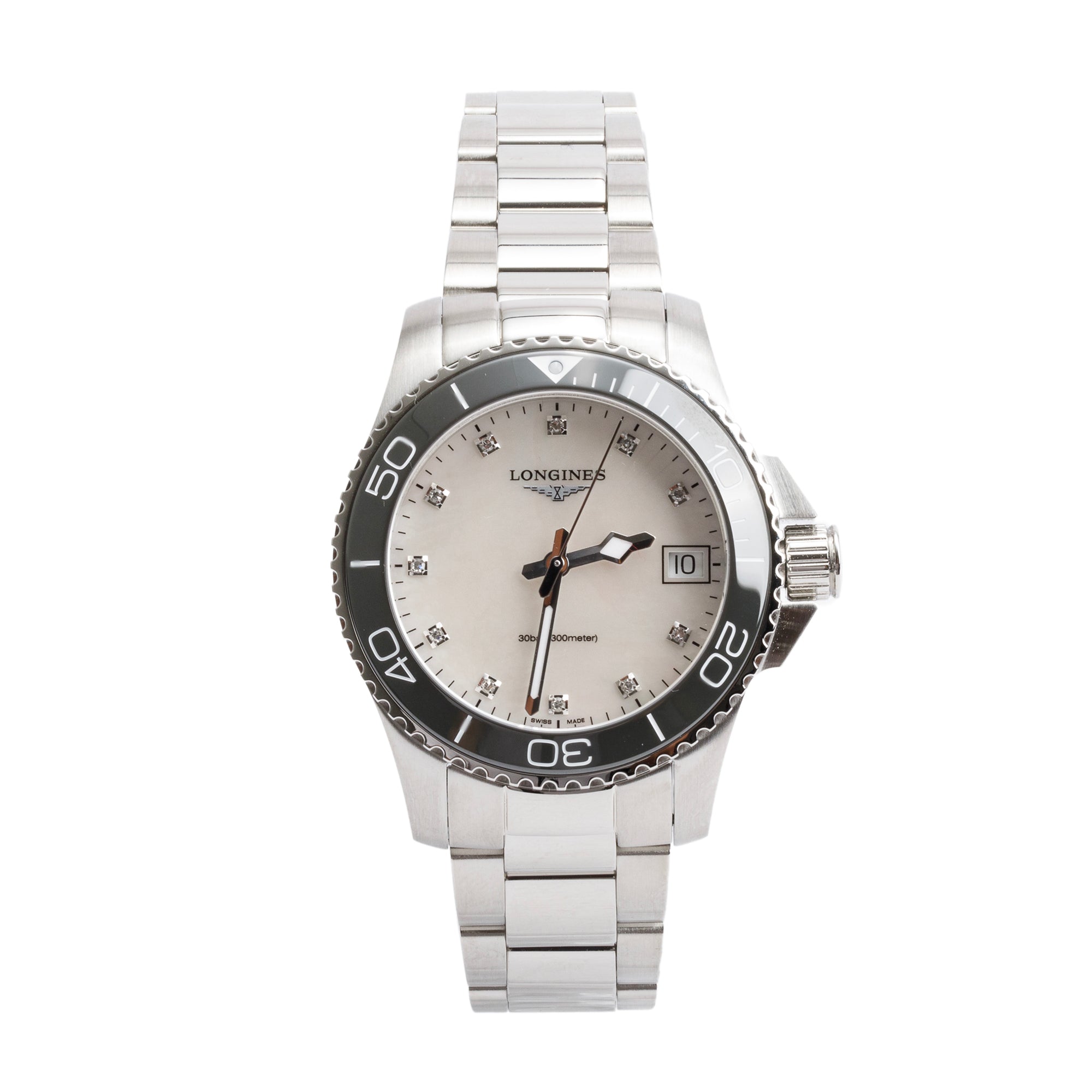 Longines 2024 Stainless Steel & Black Ceramic HydroConquest Mother of Pearl Diamond Dial 32 MM Quartz Watch w/ Box & Papers