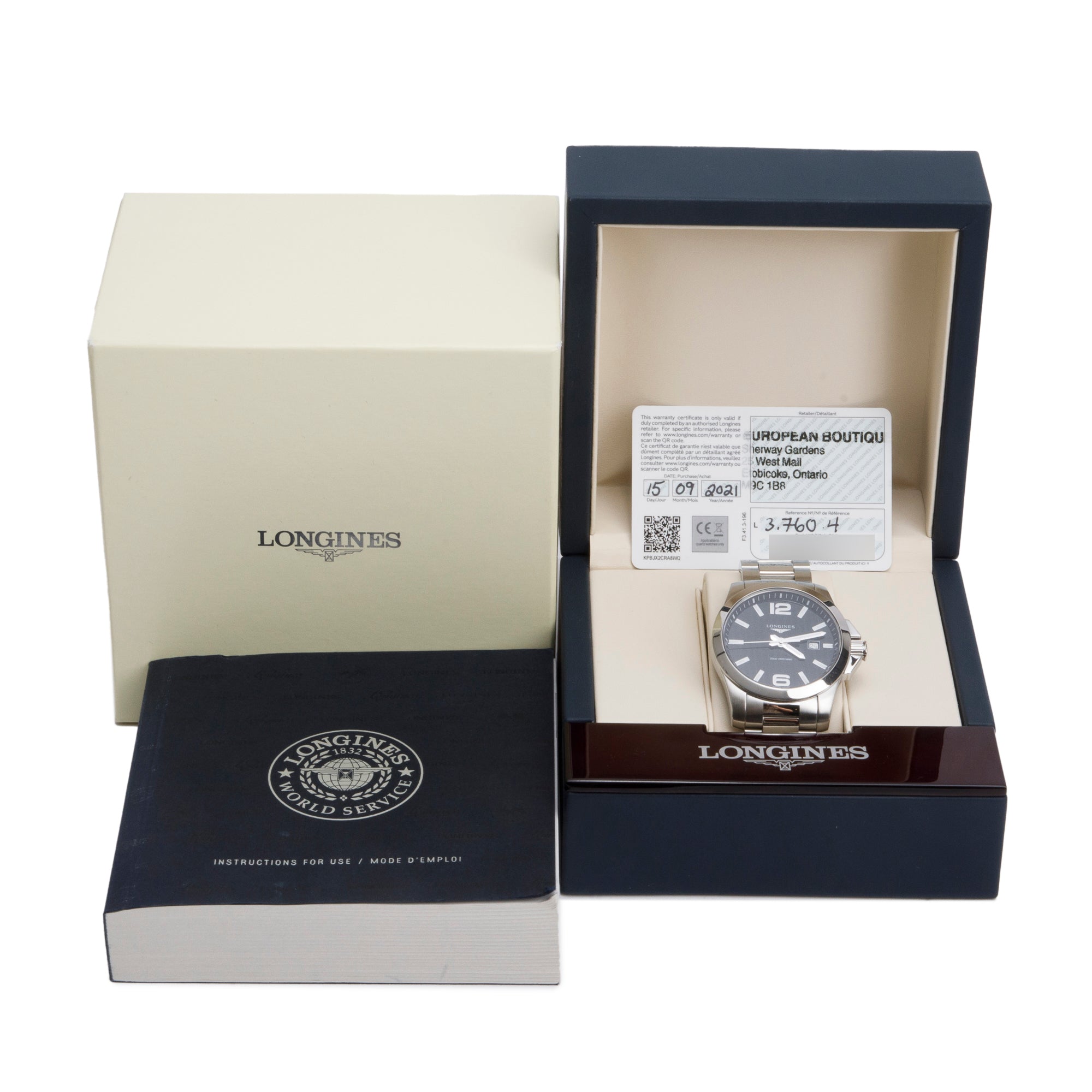 Longines Stainless Steel Conquest 43 MM Quartz Watch w/ Box & Papers