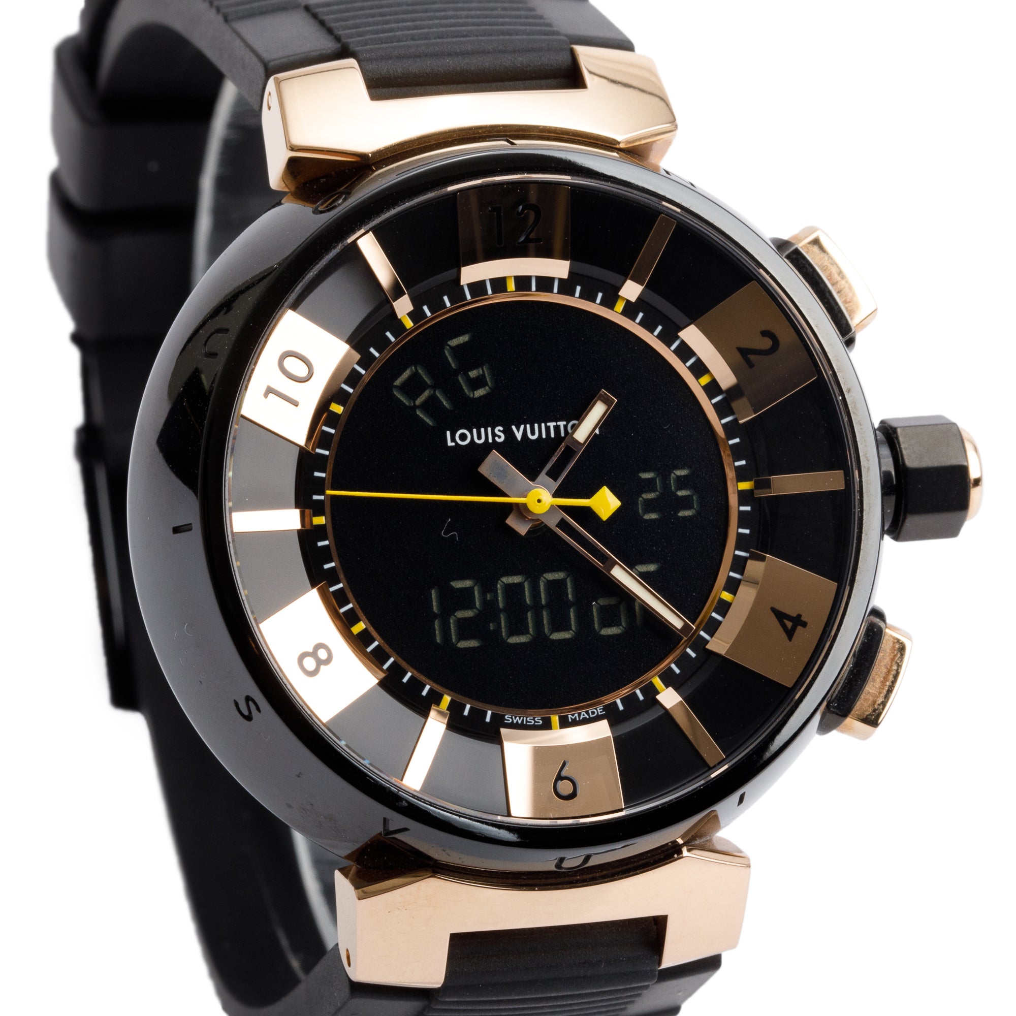 Louis Vuitton 18k Rose Gold & Black PVD Stainless Steel Tambour 42 MM Chronograph Watch Q118N w/ Box & Papers