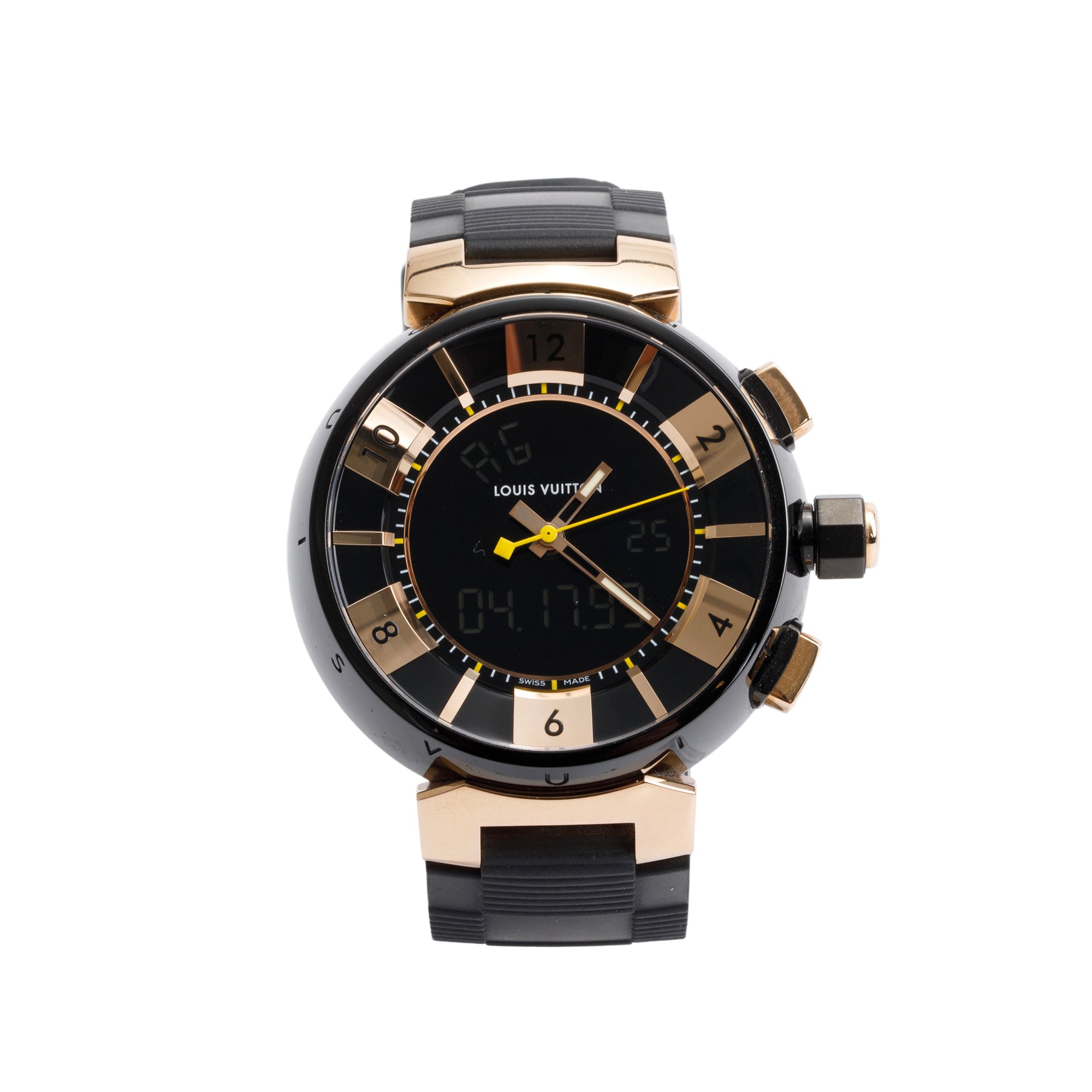 Louis Vuitton 18k Rose Gold & Black PVD Stainless Steel Tambour 42 MM Chronograph Watch Q118N w/ Box & Papers