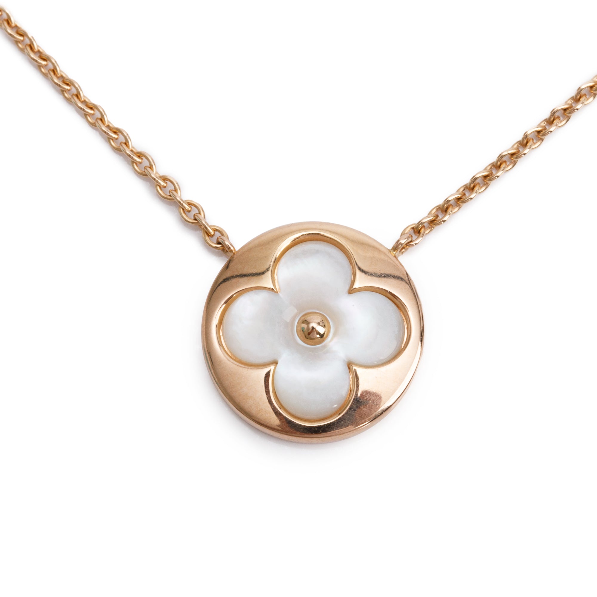 Louis Vuitton 18k Rose Gold & White Mother of Pearl Color Blossom Sun Pendant Necklace w/ Box