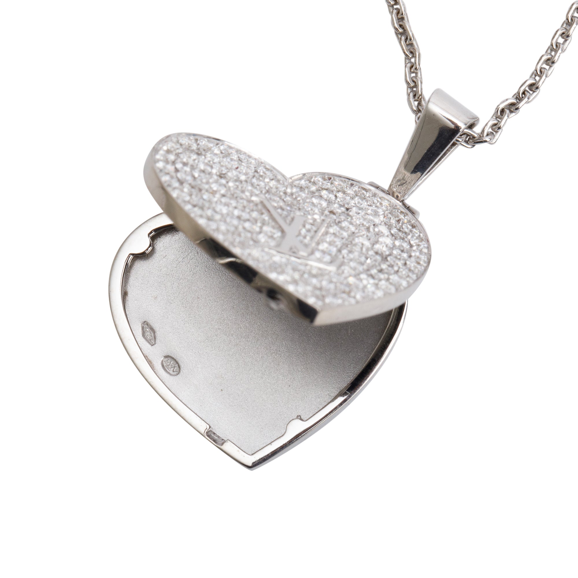 Louis Vuitton 18k White Gold Pave Diamond Heart Locket Pendant Necklace
