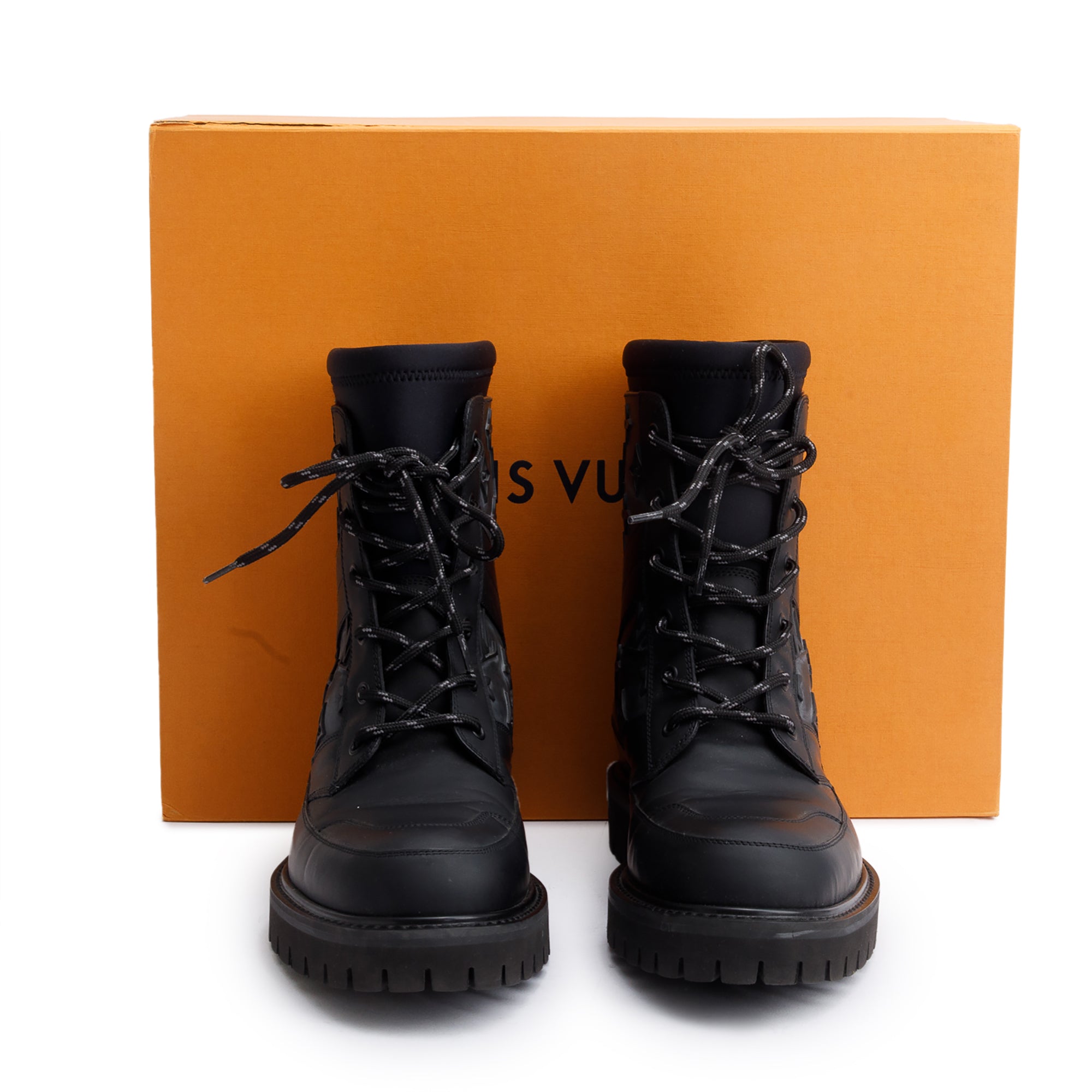 Louis Vuitton 2020 Black Monogram Embossed Rubber Landscape Ankle Boots, Size 6 w/ Box