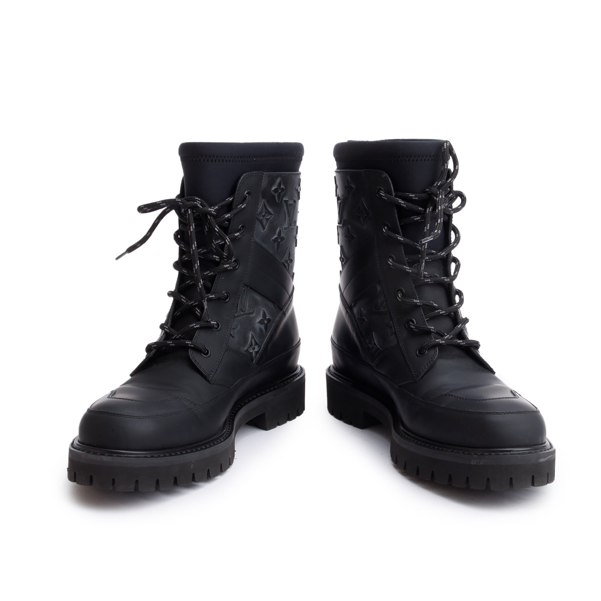 Louis Vuitton 2020 Black Monogram Embossed Rubber Landscape Ankle Boots, Size 6 w/ Box