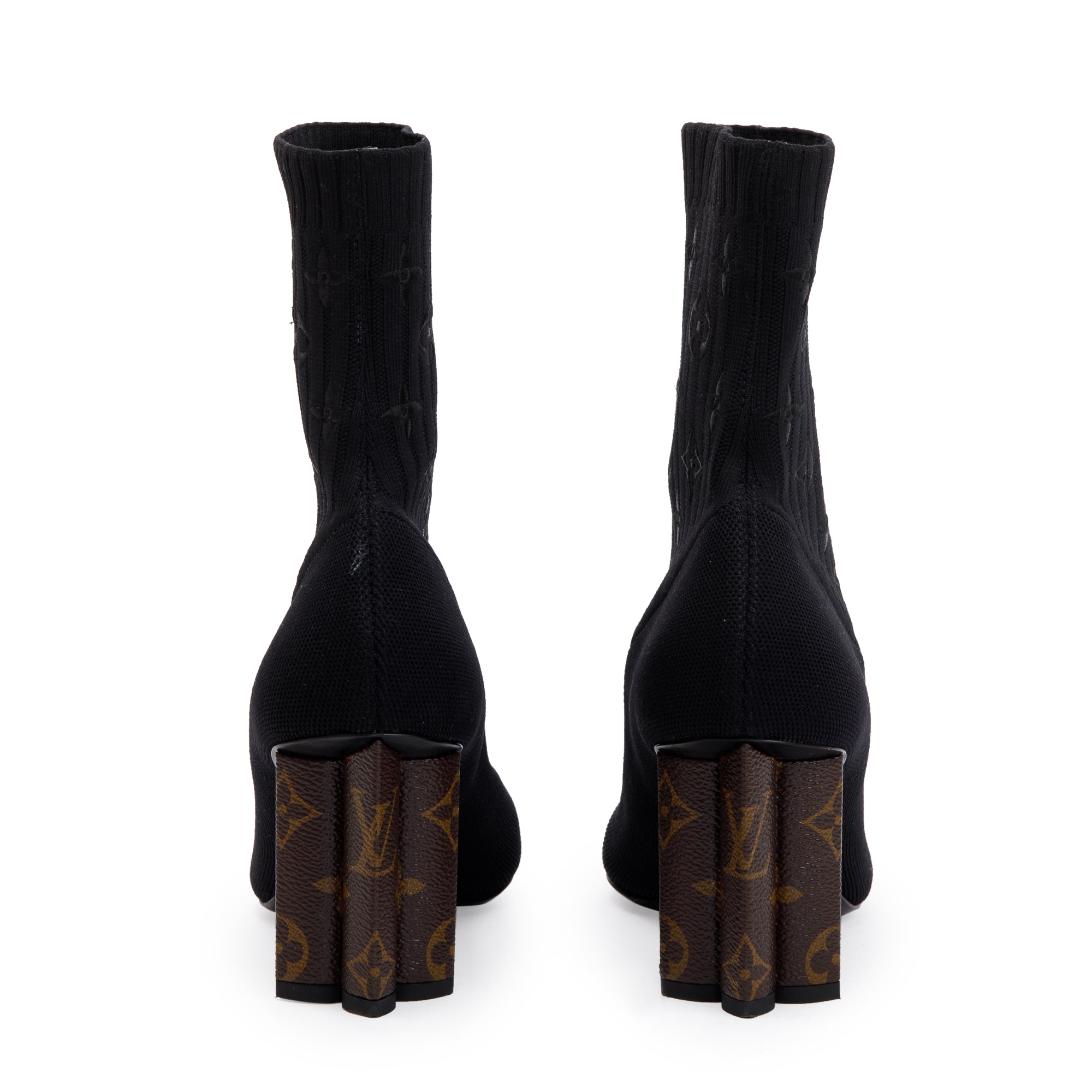 Louis Vuitton 2020 Black Stretch Textile and Monogram Silhouette Ankle Boots, Size 37 w/ Box & Receipt