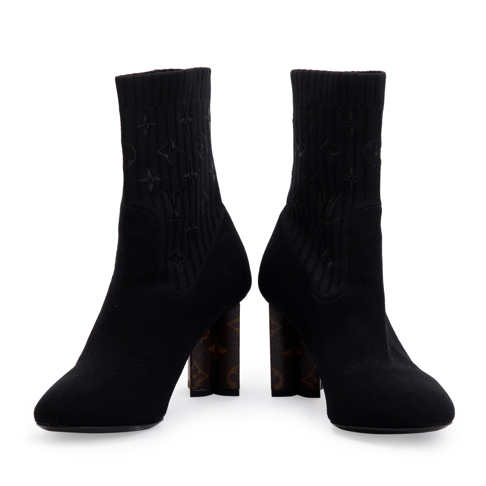 Louis Vuitton 2020 Black Stretch Textile and Monogram Silhouette Ankle Boots, Size 37 w/ Box & Receipt