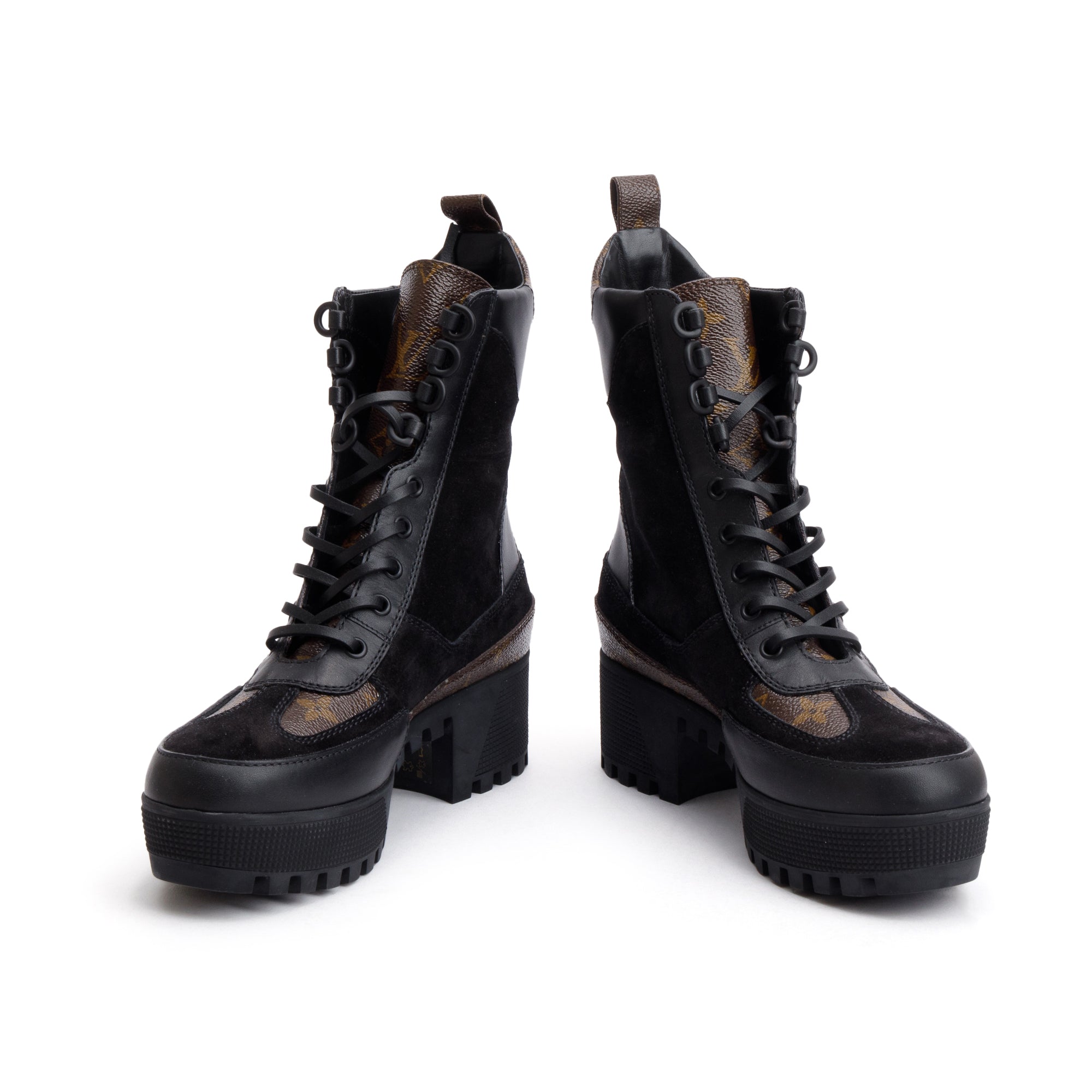 Louis Vuitton 2020 Black Suede Monogram Trim Laureate Platform Desert Boots, Size 37.5 w/ Box