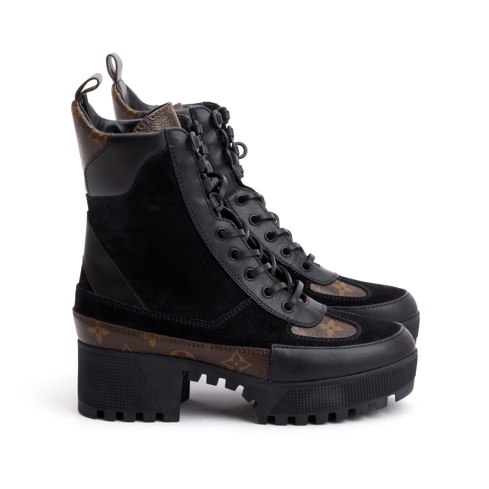 Louis Vuitton 2020 Black Suede Monogram Trim Laureate Platform Desert Boots, Size 37.5 w/ Box
