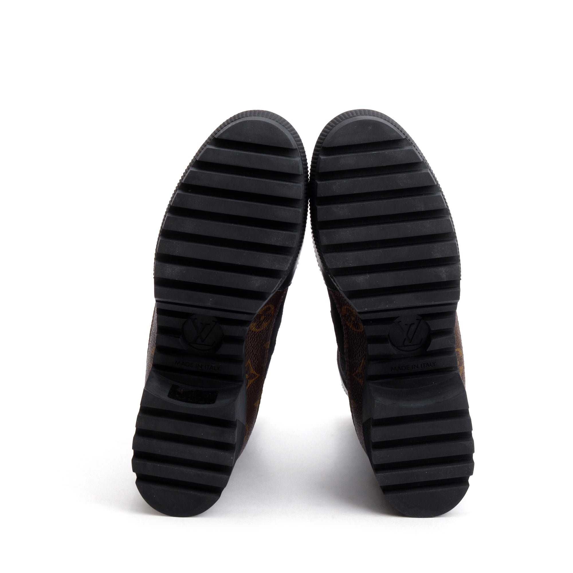Louis Vuitton 2020 Black Suede Monogram Trim Laureate Platform Desert Boots, Size 37.5 w/ Box