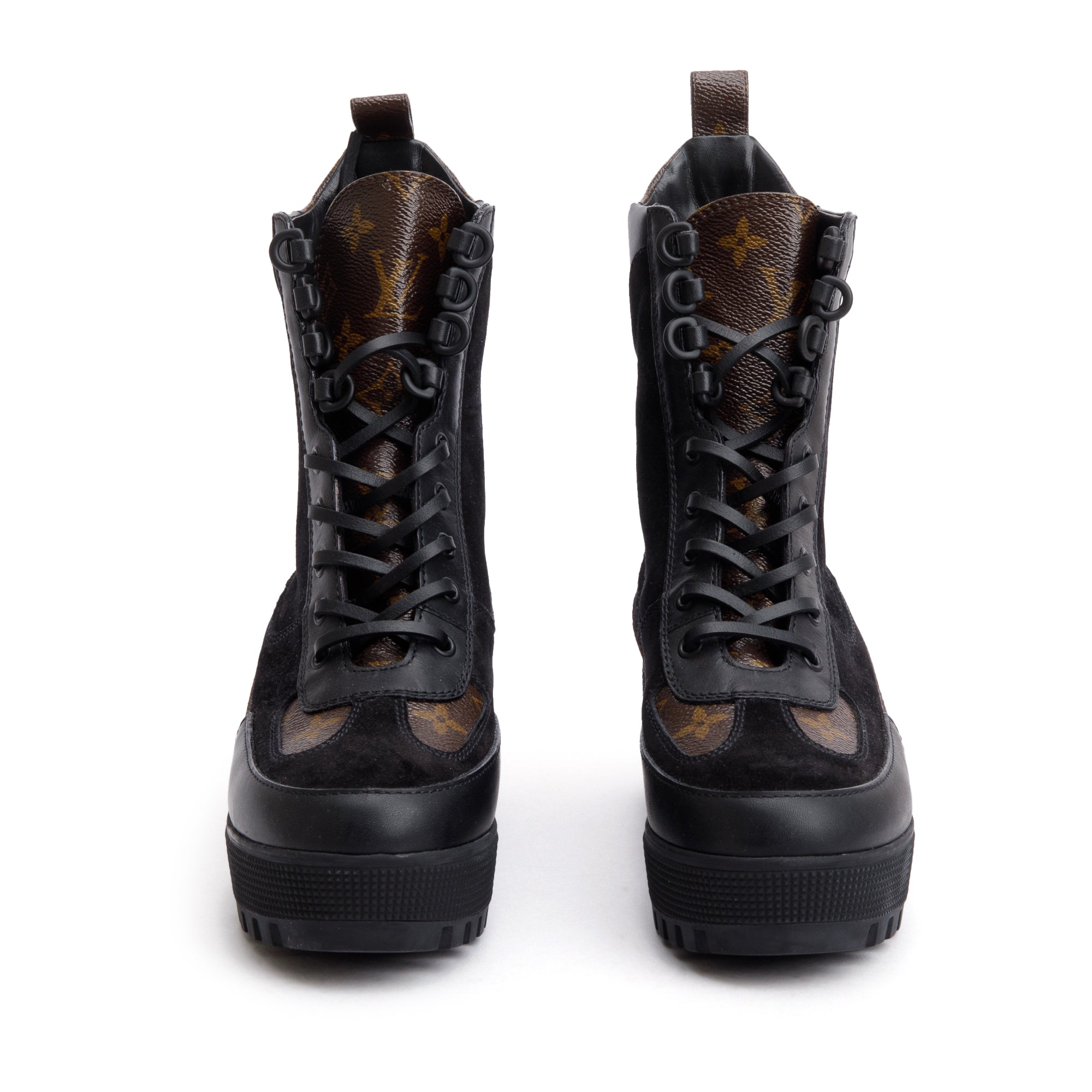 Louis Vuitton 2020 Black Suede Monogram Trim Laureate Platform Desert Boots, Size 37.5 w/ Box