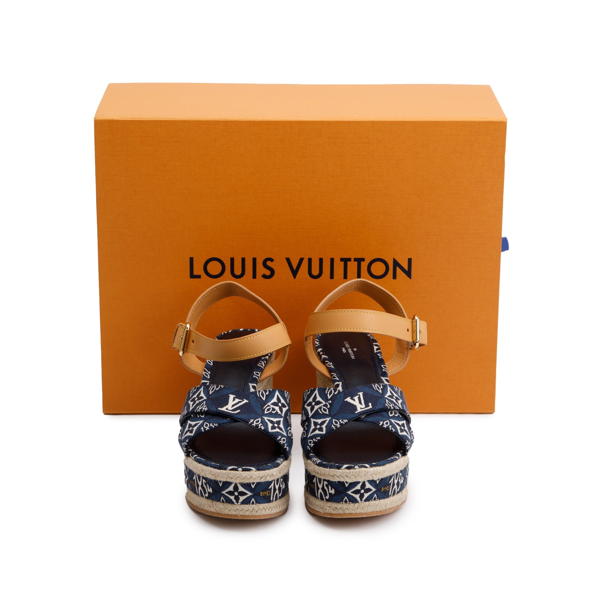 Louis Vuitton 2020 Blue Jacquard Canvas Since 1854 Boundary Wedge Sandals, Size 39 w/ Box