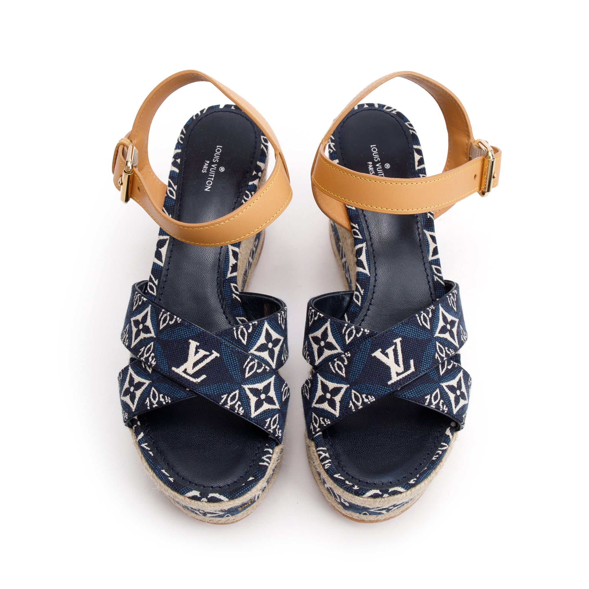Louis Vuitton 2020 Blue Jacquard Canvas Since 1854 Boundary Wedge Sandals, Size 39 w/ Box