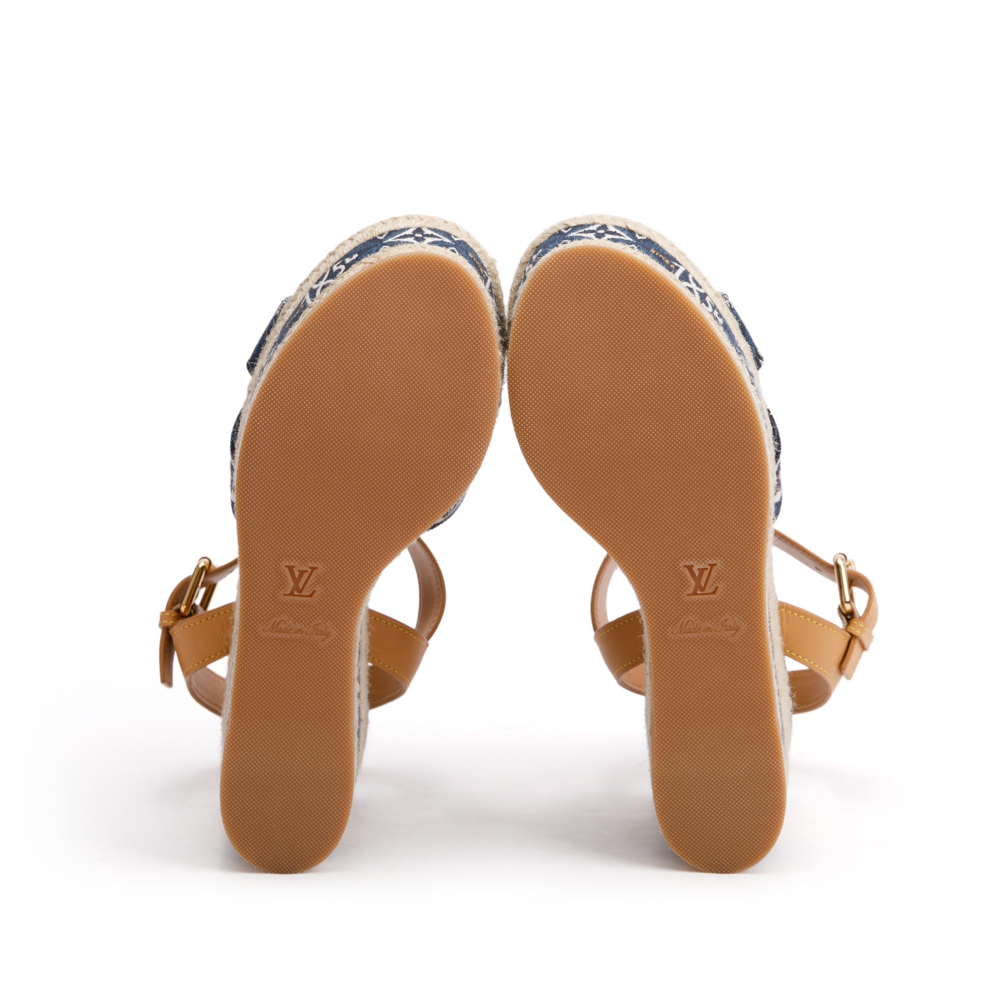 Louis Vuitton 2020 Blue Jacquard Canvas Since 1854 Boundary Wedge Sandals, Size 39 w/ Box