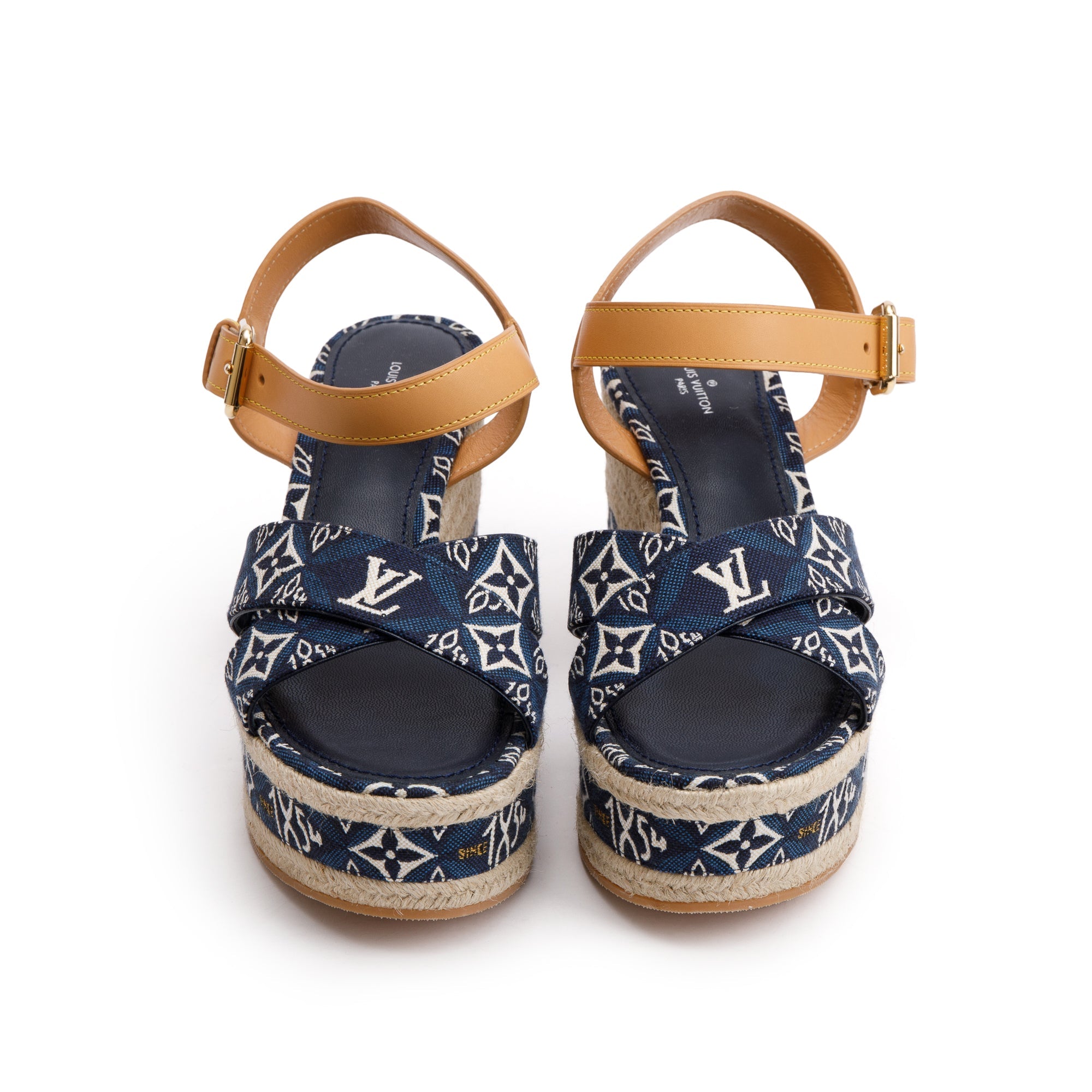 Louis Vuitton 2020 Blue Jacquard Canvas Since 1854 Boundary Wedge Sandals, Size 39 w/ Box