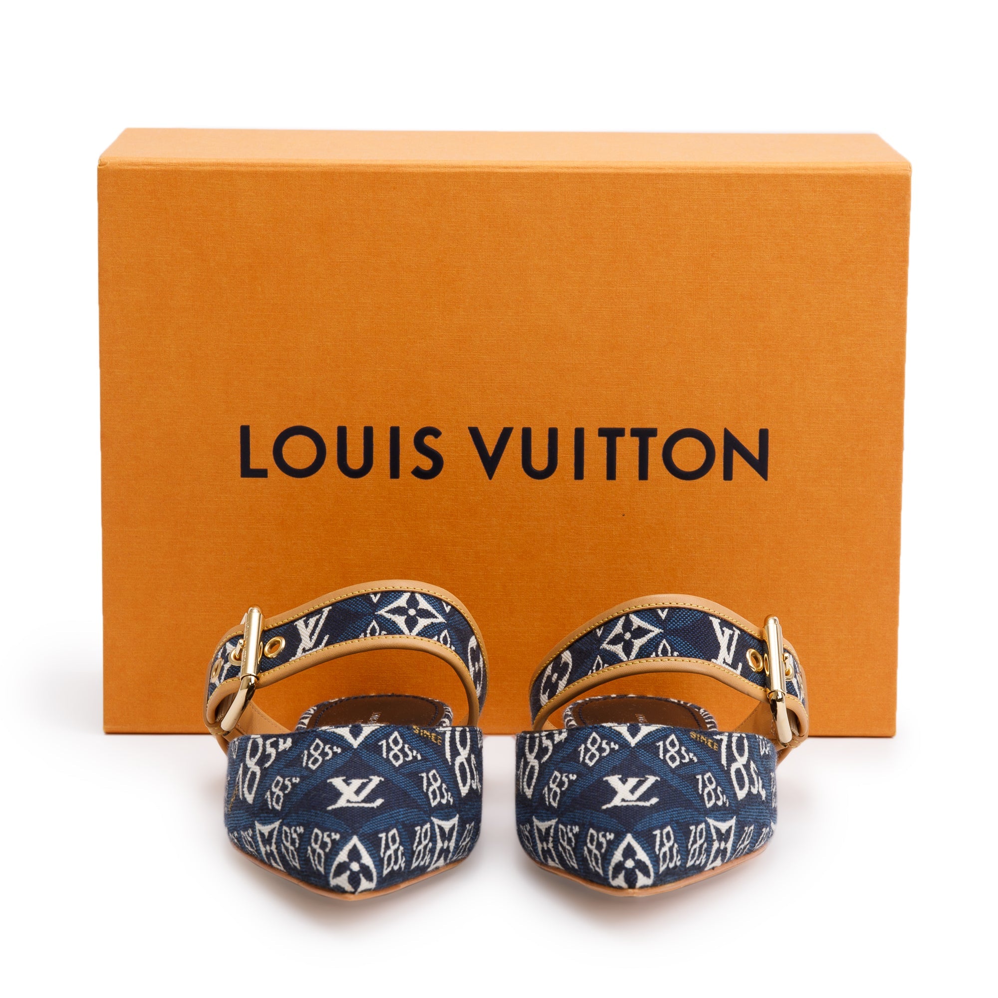 Louis Vuitton 2020 Blue Jacquard Canvas Since 1854 Sofia Flat Mules, Size 39 w/ Box