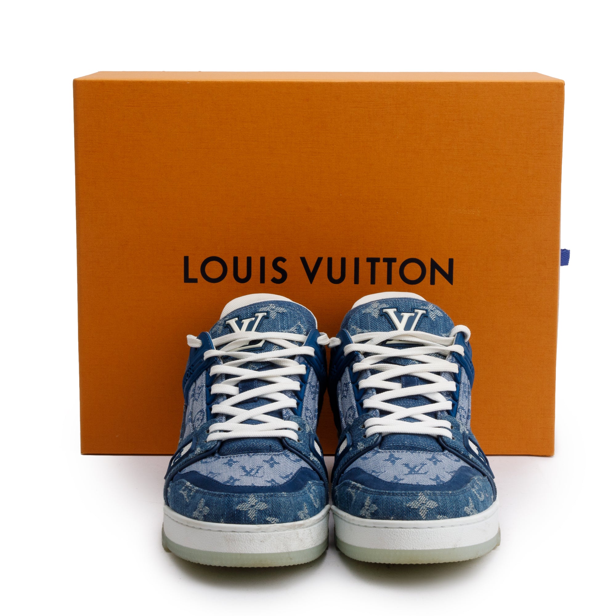 Louis Vuitton 2020 Blue Monogram Denim Calfskin LV Trainer Sneakers, Size 7.5 w/ Box