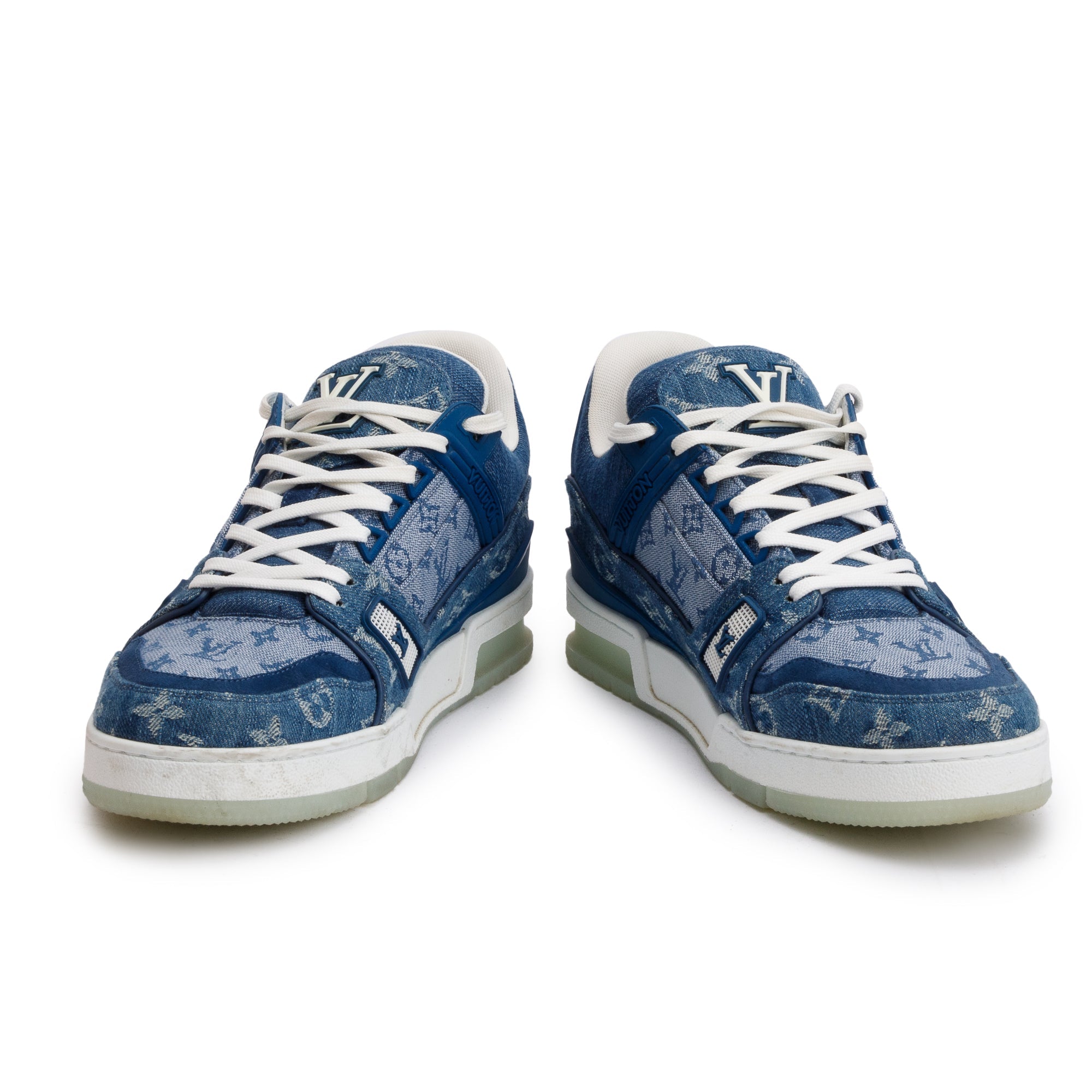 Louis Vuitton 2020 Blue Monogram Denim Calfskin LV Trainer Sneakers, Size 7.5 w/ Box