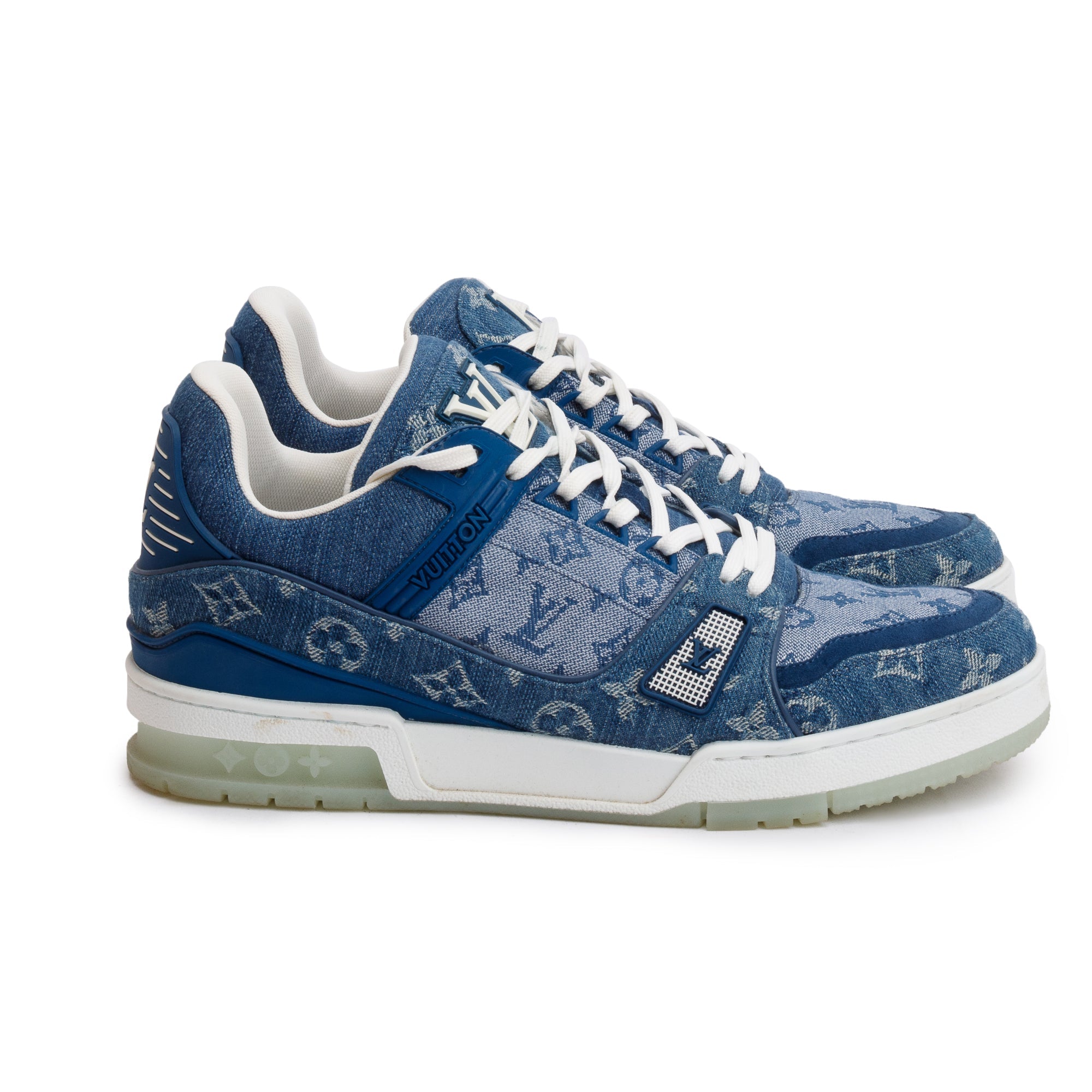 Louis Vuitton 2020 Blue Monogram Denim Calfskin LV Trainer Sneakers, Size 7.5 w/ Box