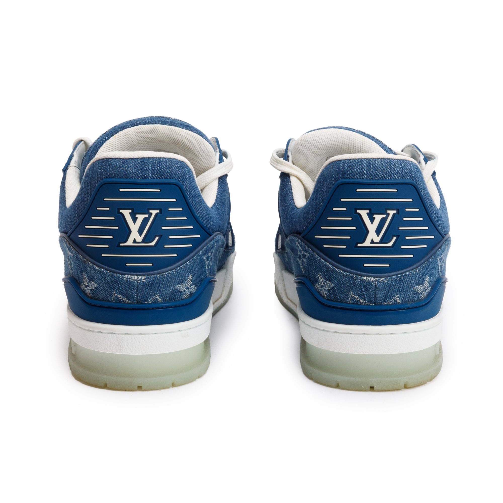 Louis Vuitton 2020 Blue Monogram Denim Calfskin LV Trainer Sneakers, Size 7.5 w/ Box