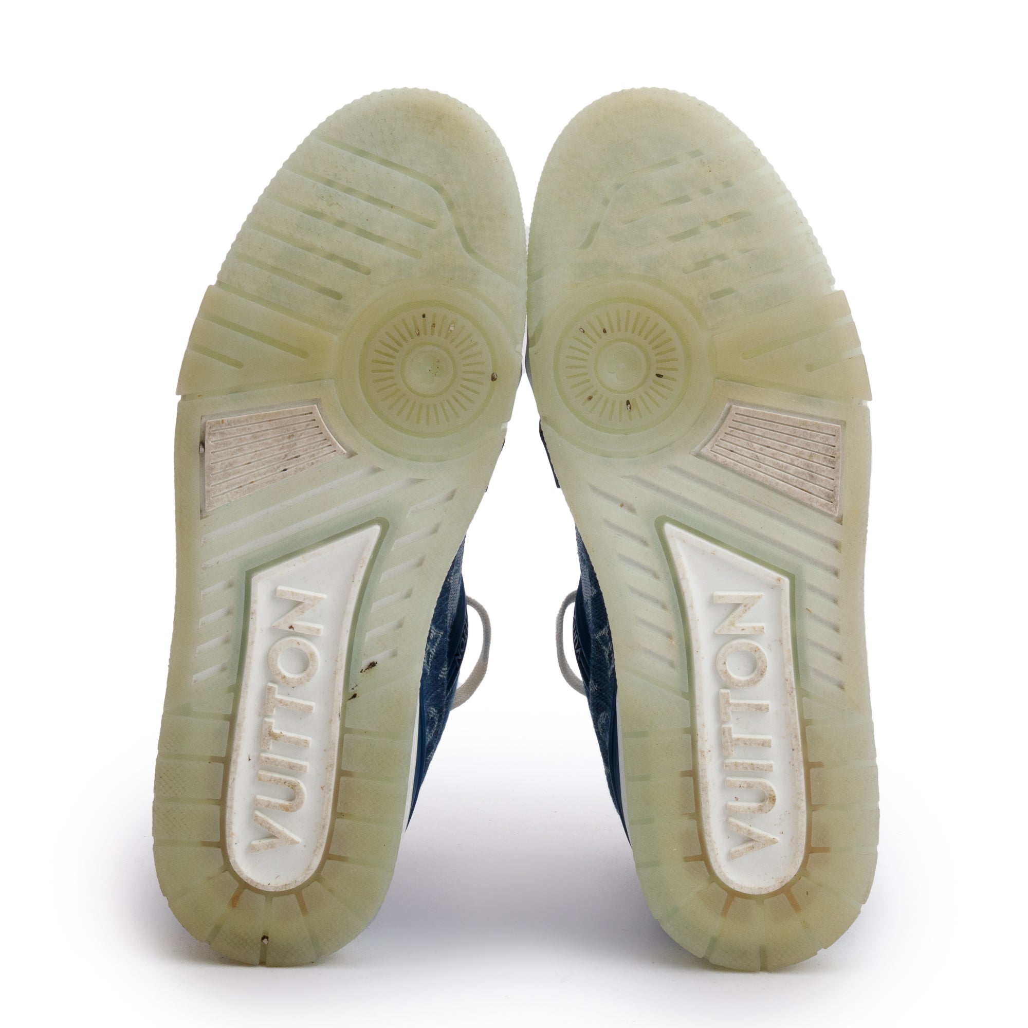 Louis Vuitton 2020 Blue Monogram Denim Calfskin LV Trainer Sneakers, Size 7.5 w/ Box