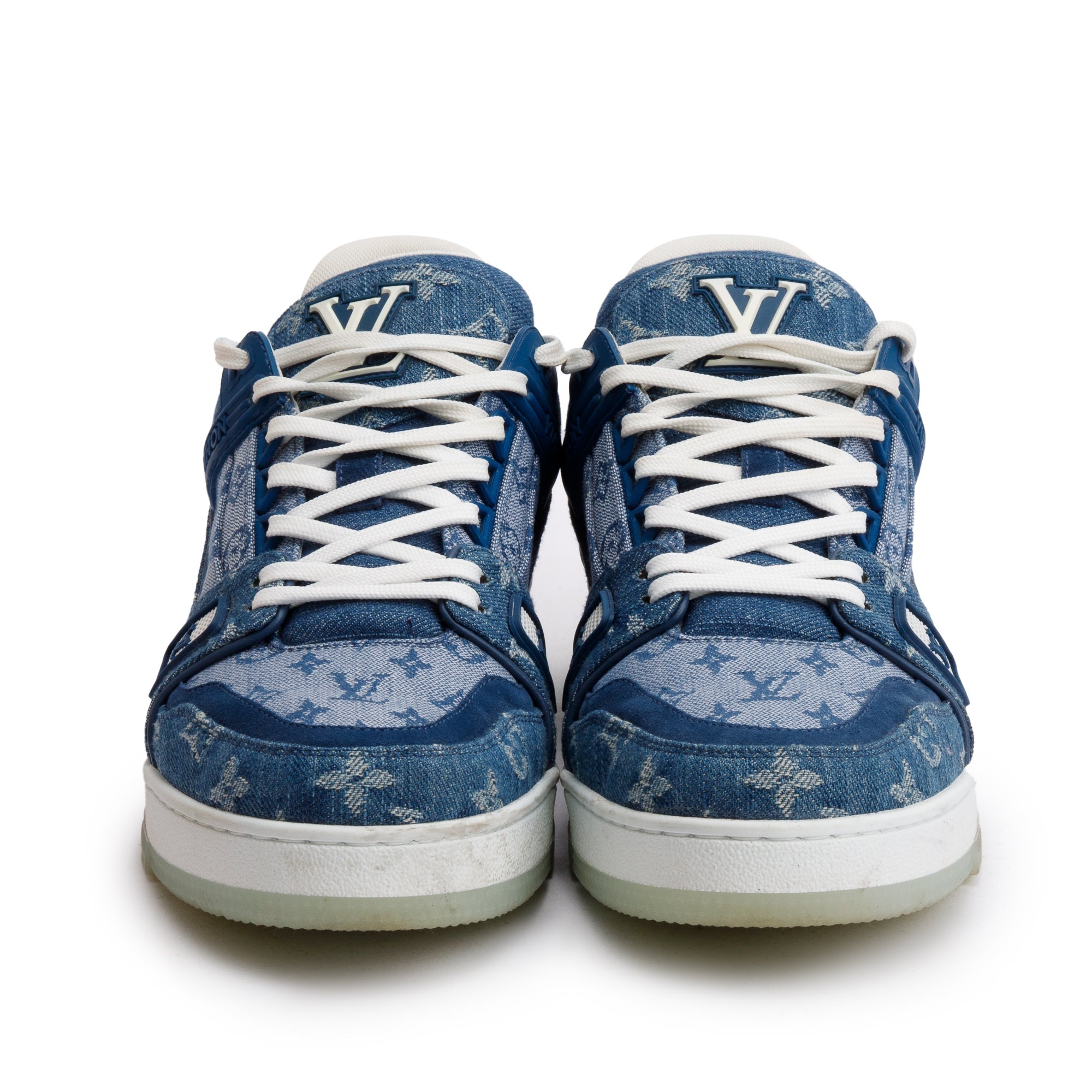Louis Vuitton 2020 Blue Monogram Denim Calfskin LV Trainer Sneakers, Size 7.5 w/ Box
