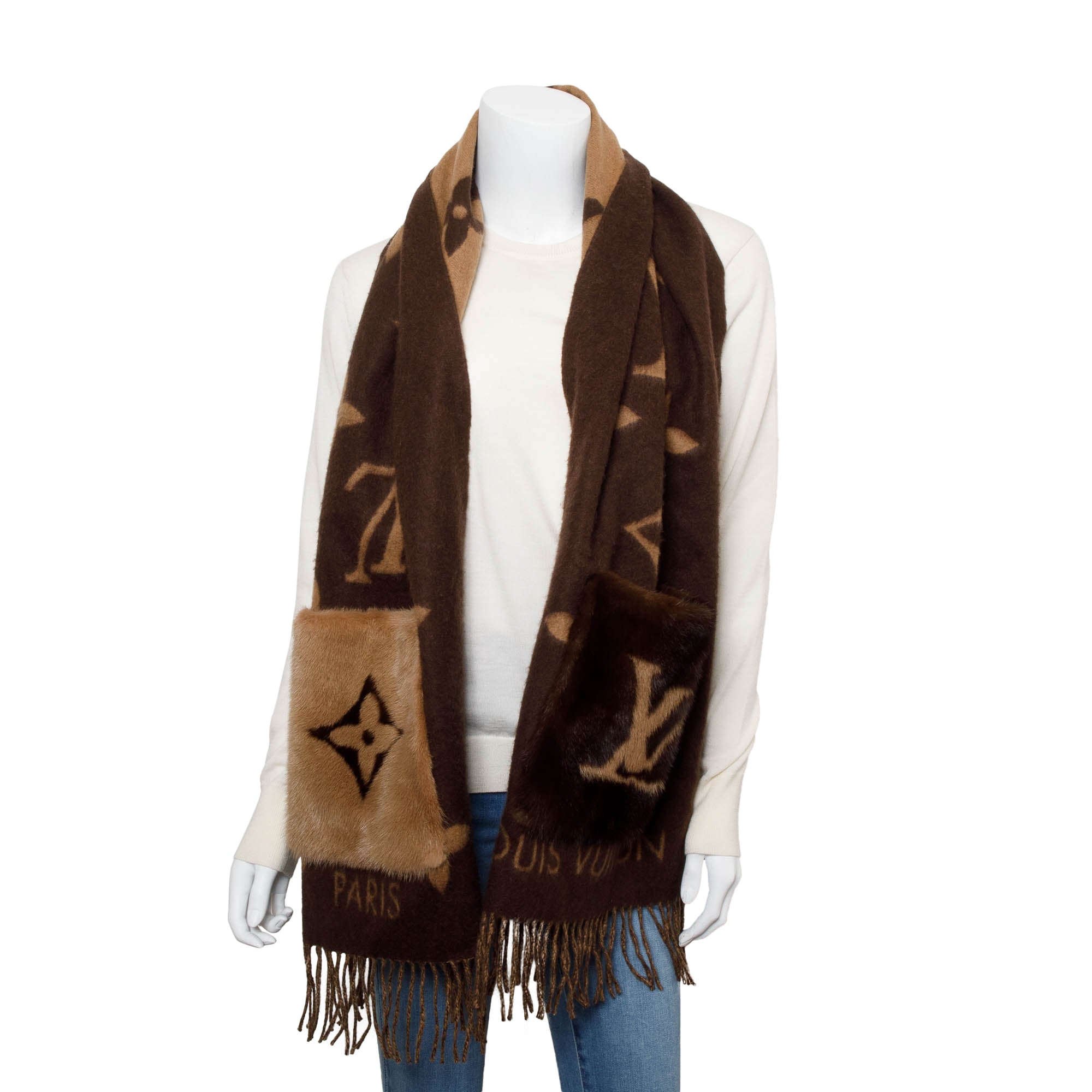 Louis Vuitton 2020 Brown/Beige Cashmere Mink Fur Pocket Monogram Cold Reykjavik Scarf w/ Box