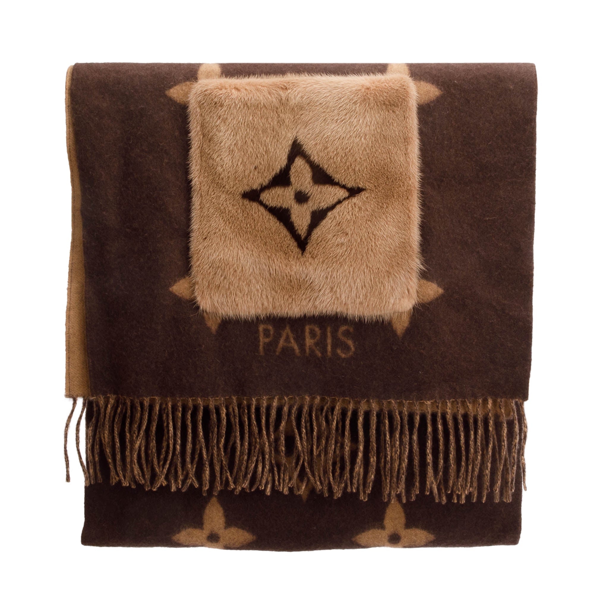 Louis Vuitton 2020 Brown/Beige Cashmere Mink Fur Pocket Monogram Cold Reykjavik Scarf w/ Box