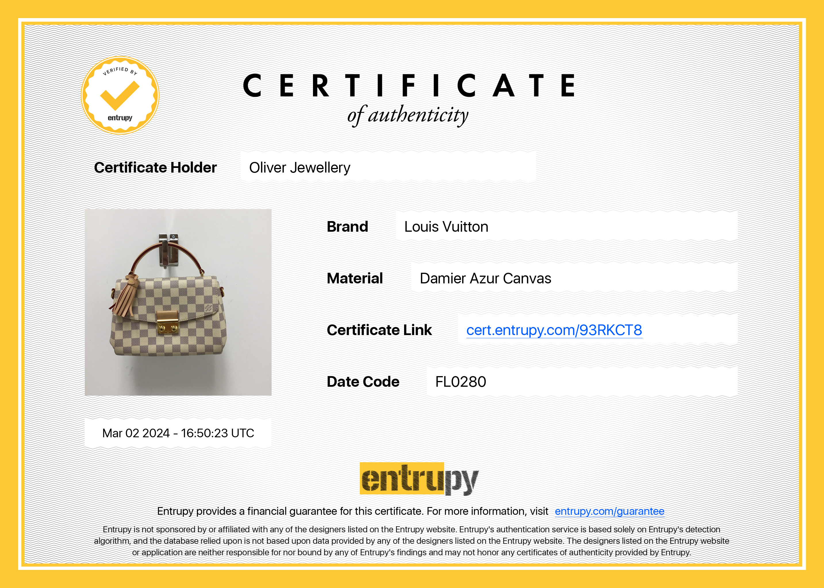 Louis Vuitton 2020 Damier Azur Croisette w/ Box & Receipt