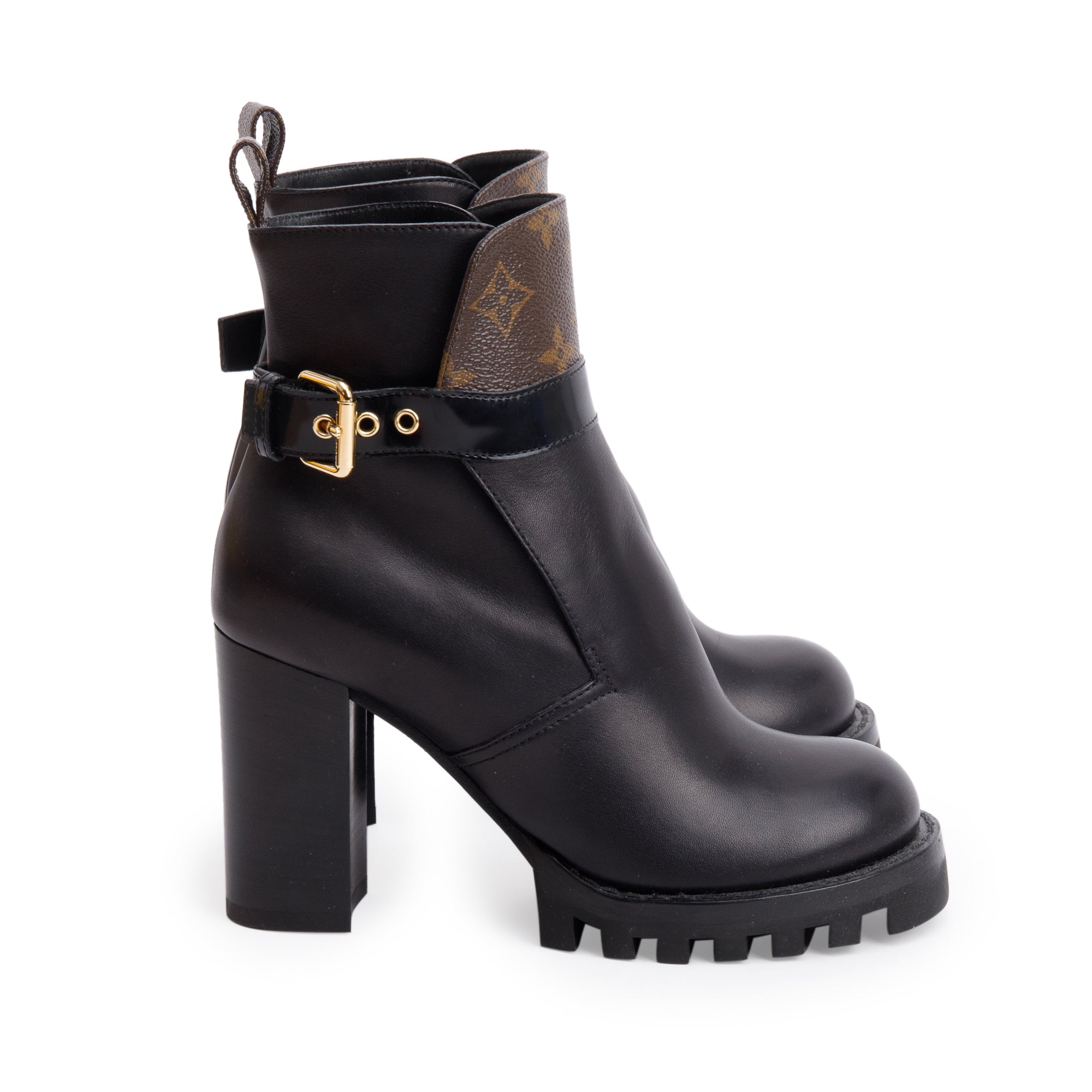 Louis Vuitton 2020 Monogram Black Leather Star Trail Combat Boots, Size 36.5 w/ Box