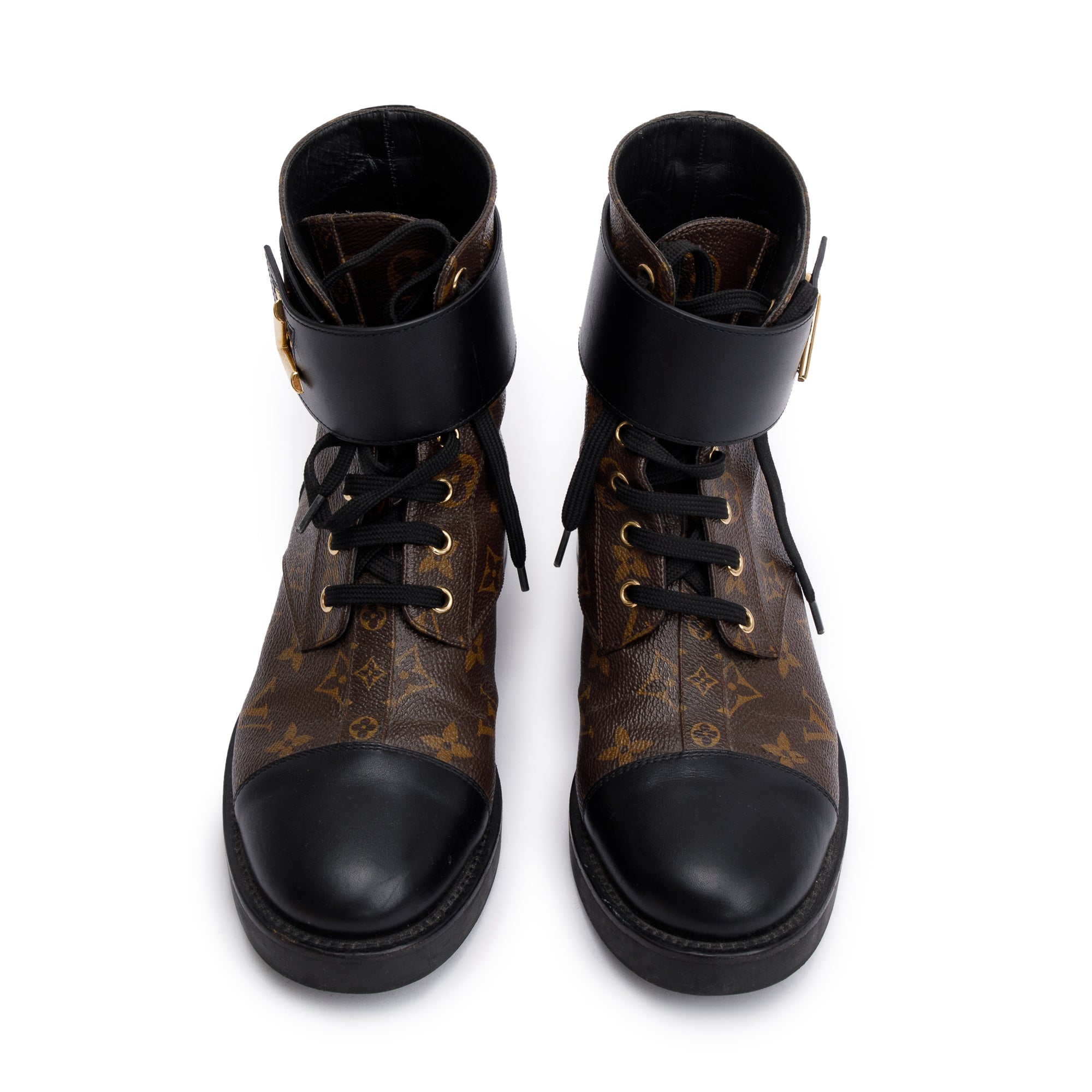 Louis Vuitton 2020 Monogram Black Leather Wonderland Flat Ranger Boots, Size 9