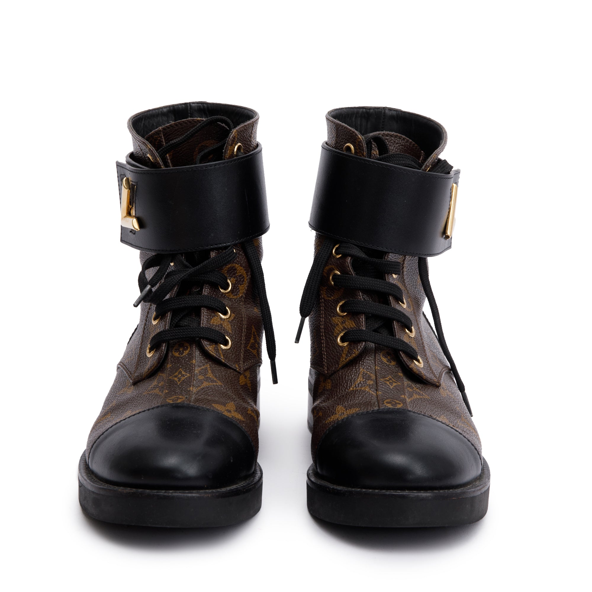 Louis Vuitton 2020 Monogram Black Leather Wonderland Flat Ranger Boots, Size 9