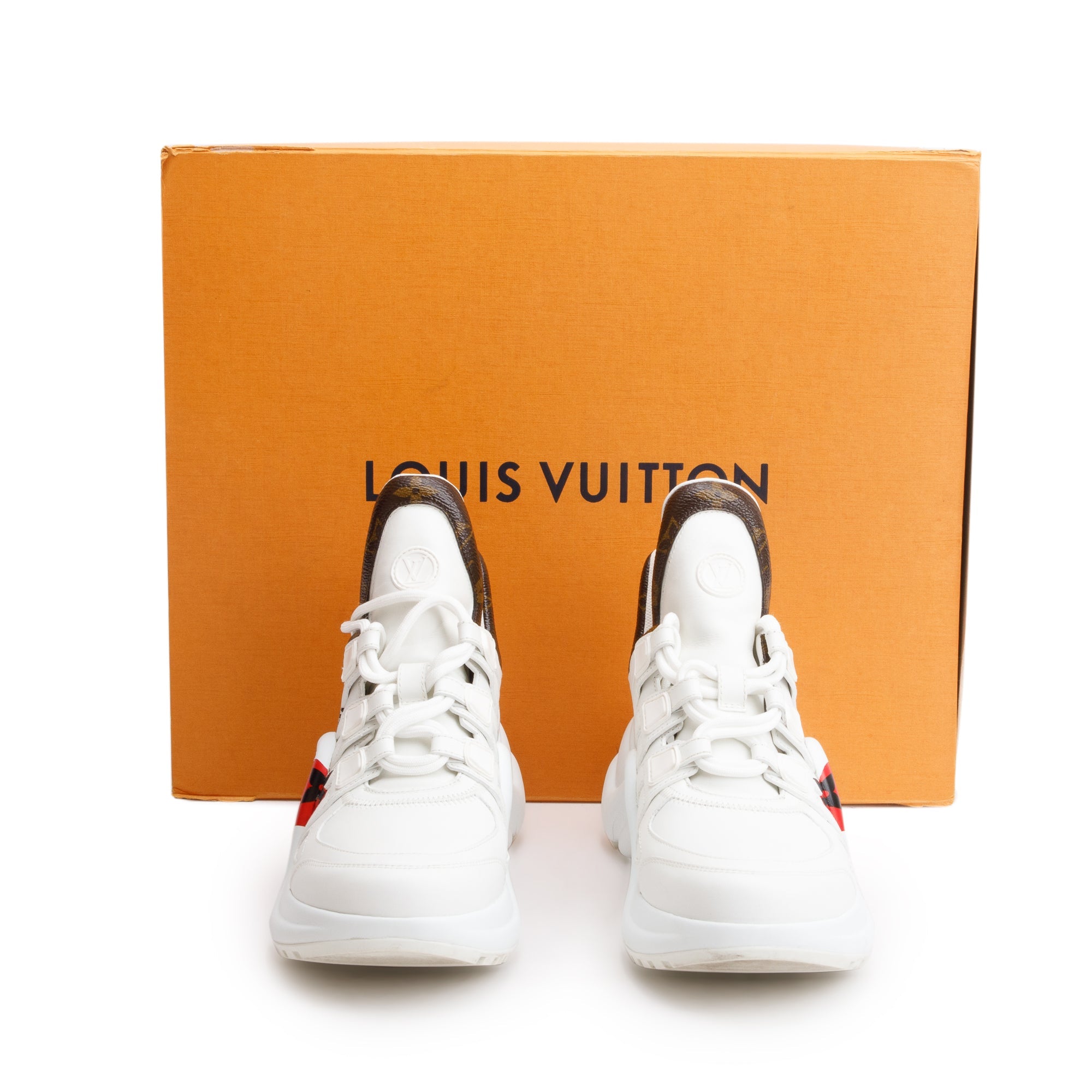 Louis Vuitton 2020 White Leather Monogram Trim LV Heart Archlight Sneakers, Size 37.5 w/ Box