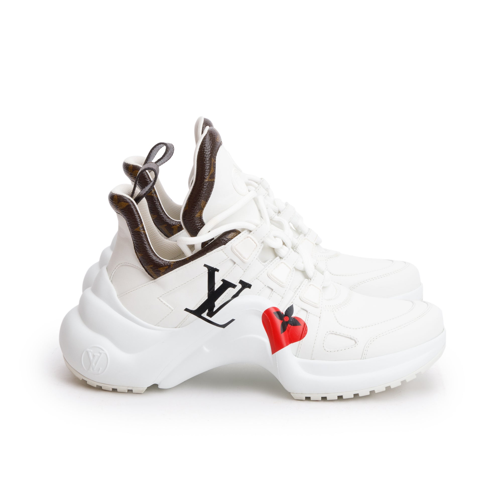 Louis Vuitton 2020 White Leather Monogram Trim LV Heart Archlight Sneakers, Size 37.5 w/ Box