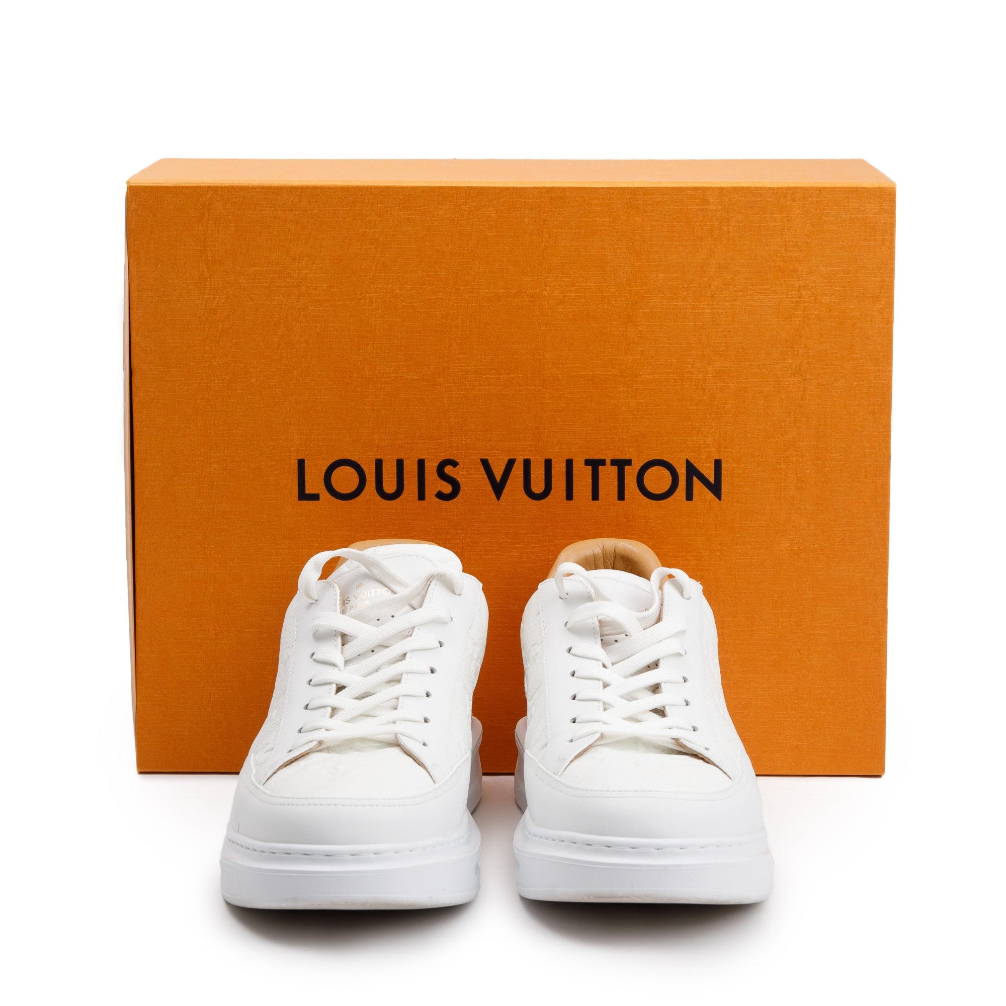 Louis Vuitton 2020 White Monogram Embosssed Leather Beverly Hills Sneakers, Size 6.5 w/ Box