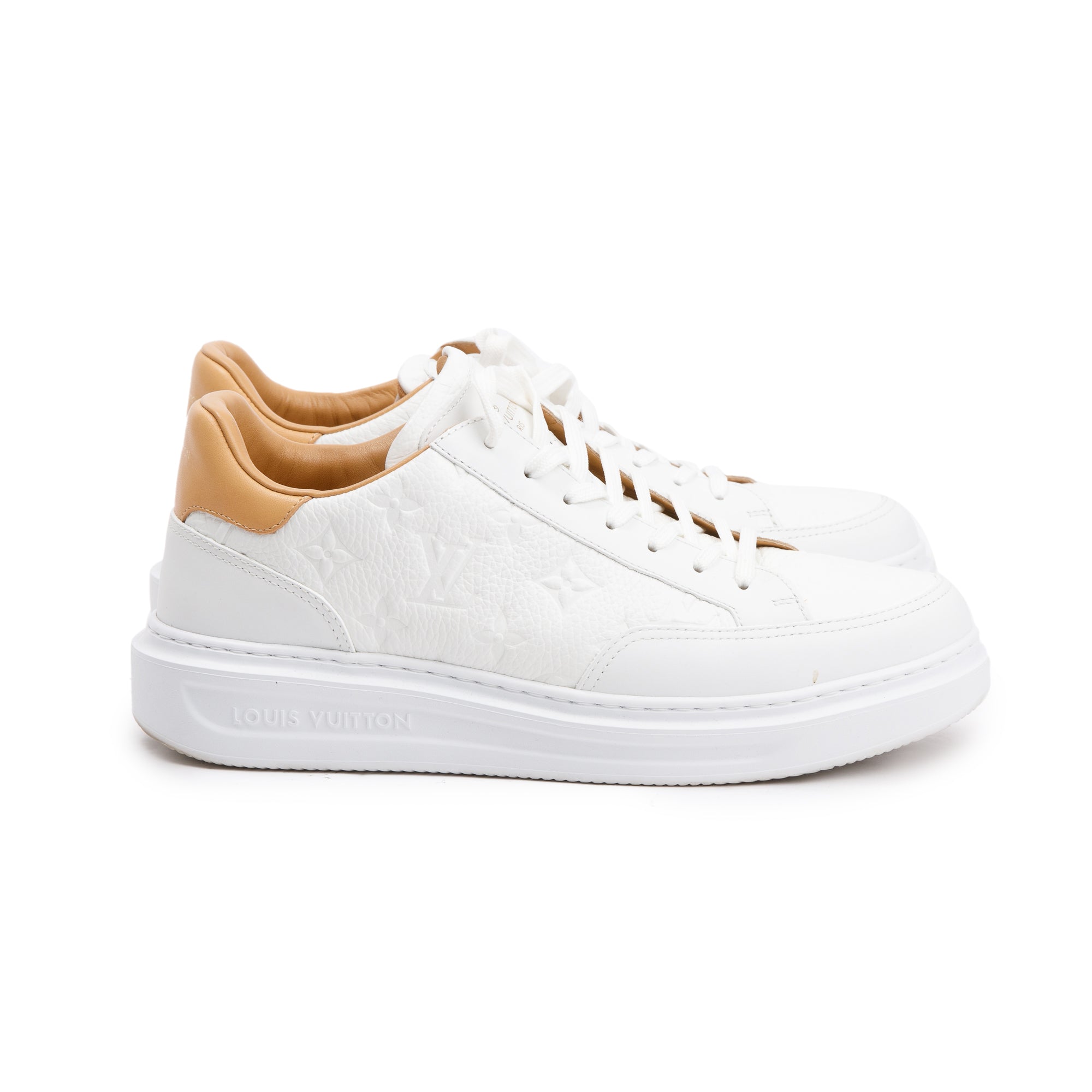 Louis Vuitton 2020 White Monogram Embosssed Leather Beverly Hills Sneakers, Size 6.5 w/ Box