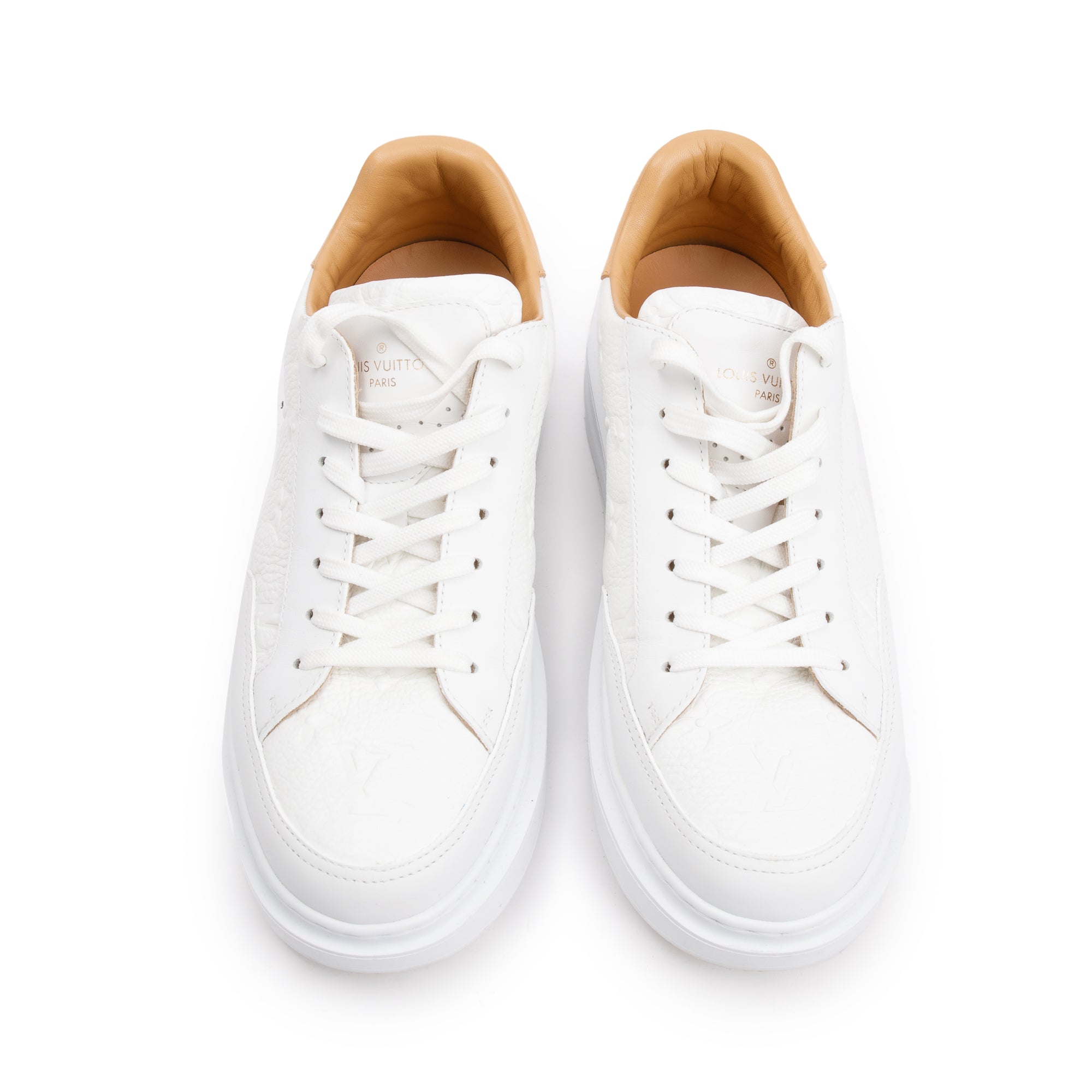 Louis Vuitton 2020 White Monogram Embosssed Leather Beverly Hills Sneakers, Size 6.5 w/ Box