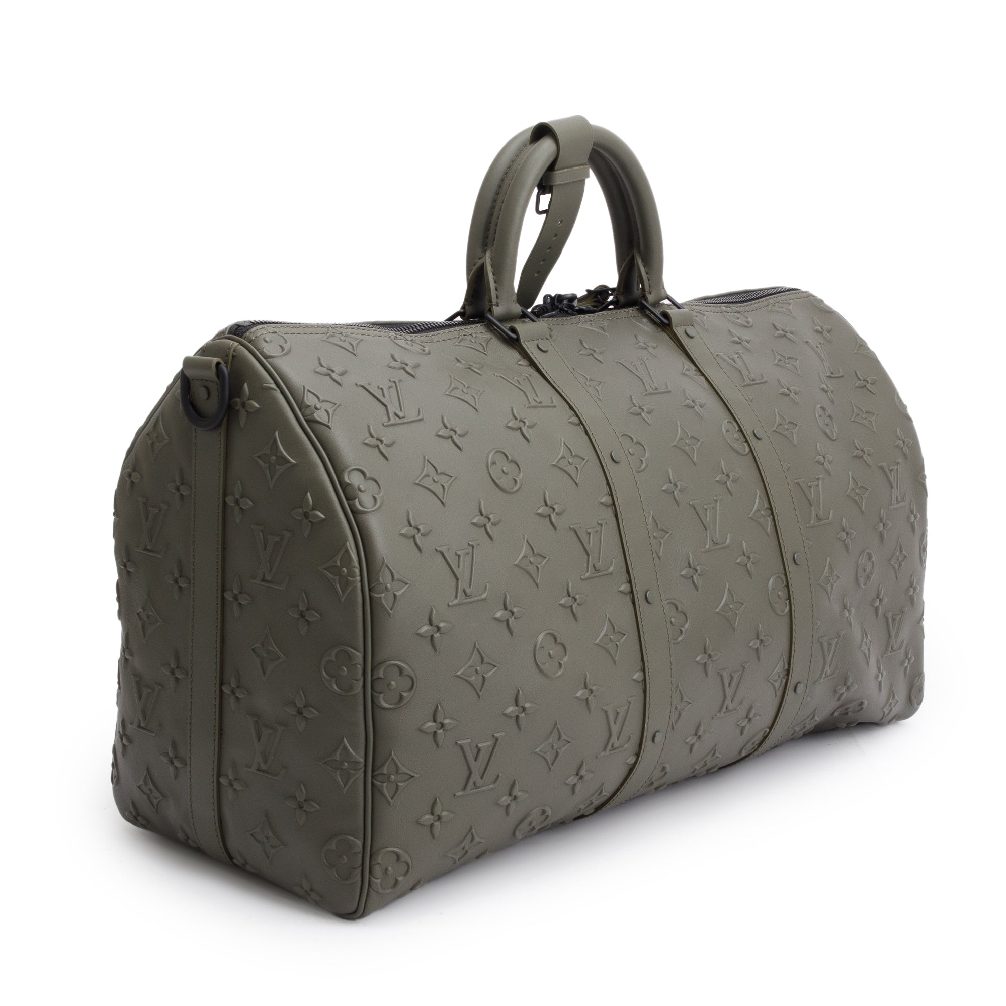 Louis Vuitton 2021 Khaki Monogram Seal Leather Keepall Bandouliere 50 w/ Box