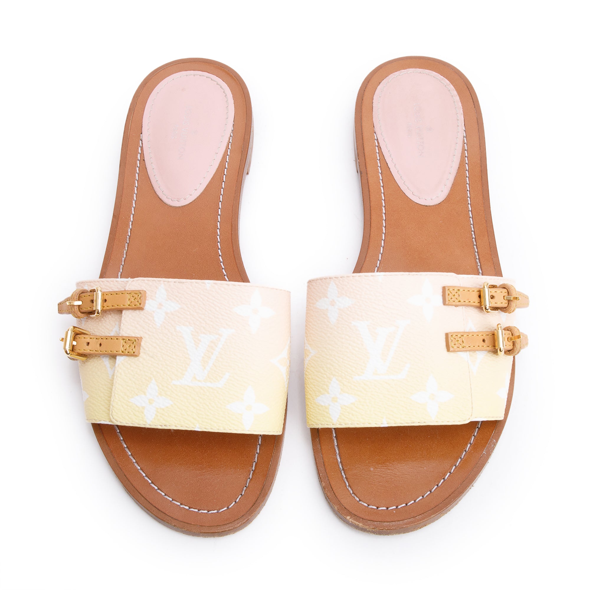 Louis Vuitton 2021 Pink/Yellow Monogram By The Pool Lock it Flat Mule, Size 38 w/ Box