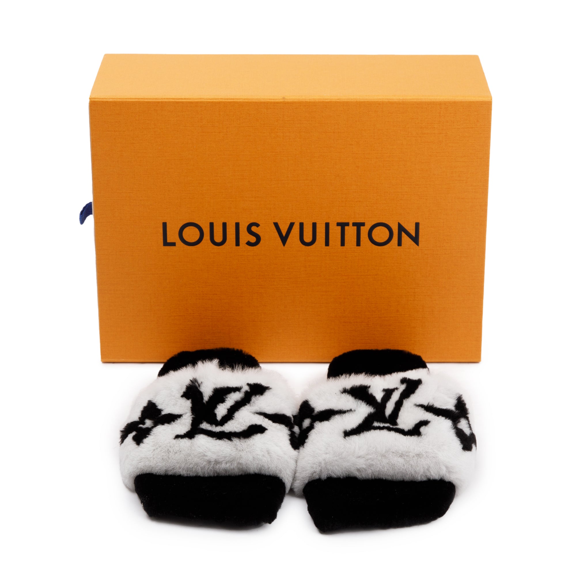 Louis Vuitton 2021 White/Black Monogram Print Fur Mink Flat Mules, Size 38 w/ Box
