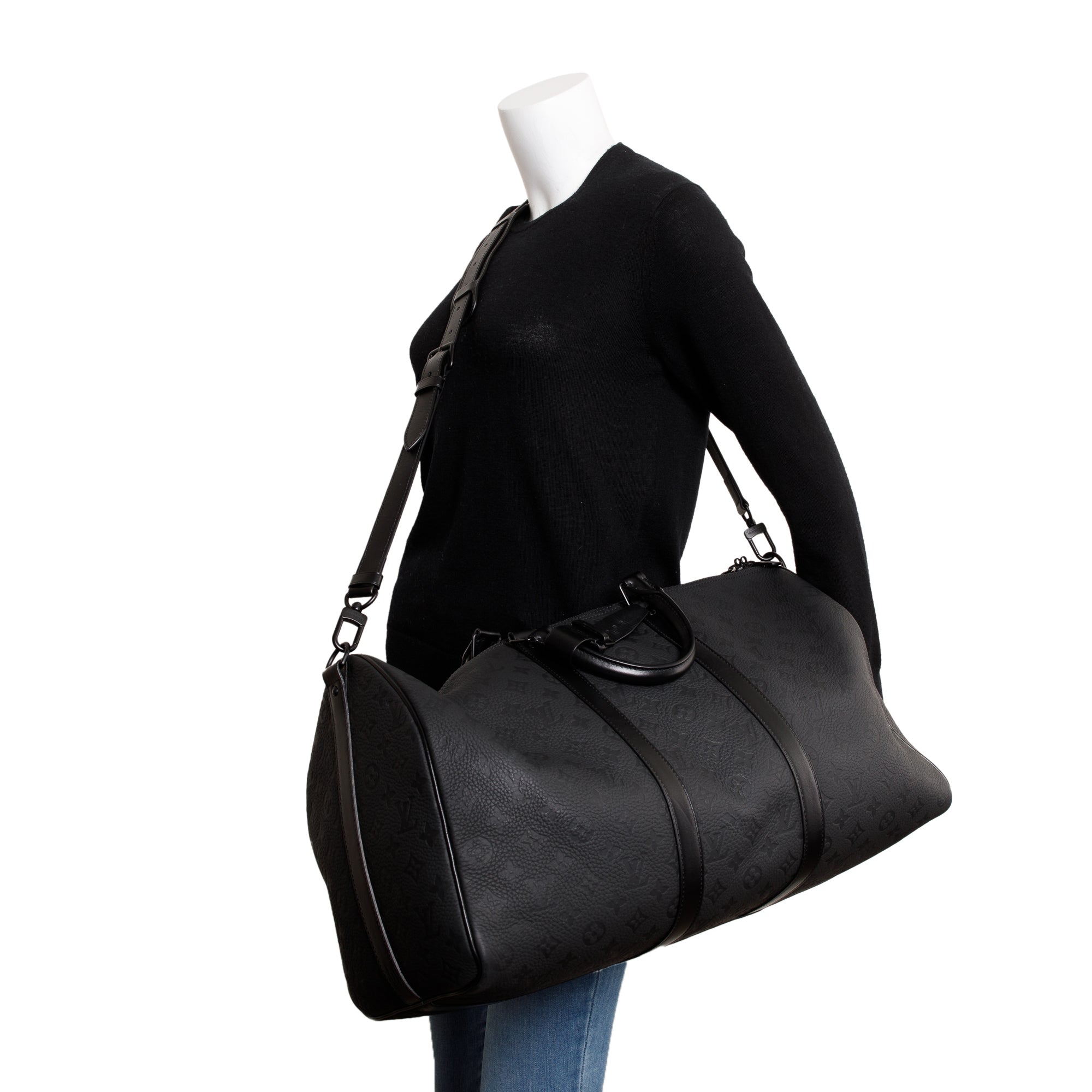 Louis Vuitton 2022 Black Taurillon Monogram Embossed Leather Keepall Bandouliere 50 w/ Strap