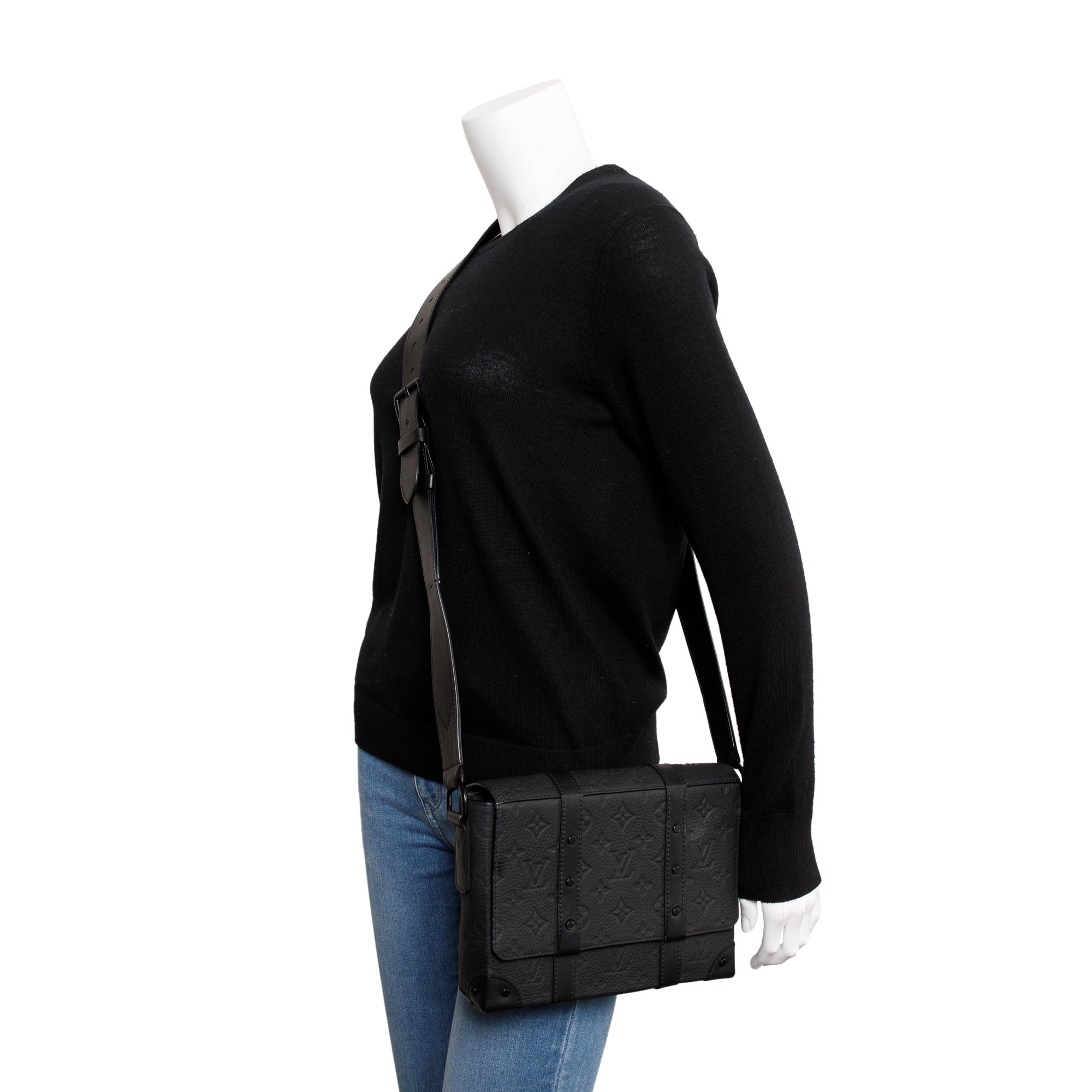 Louis Vuitton 2022 Black Taurillon Monogram Embossed Leather Soft Trunk Messenger Bag