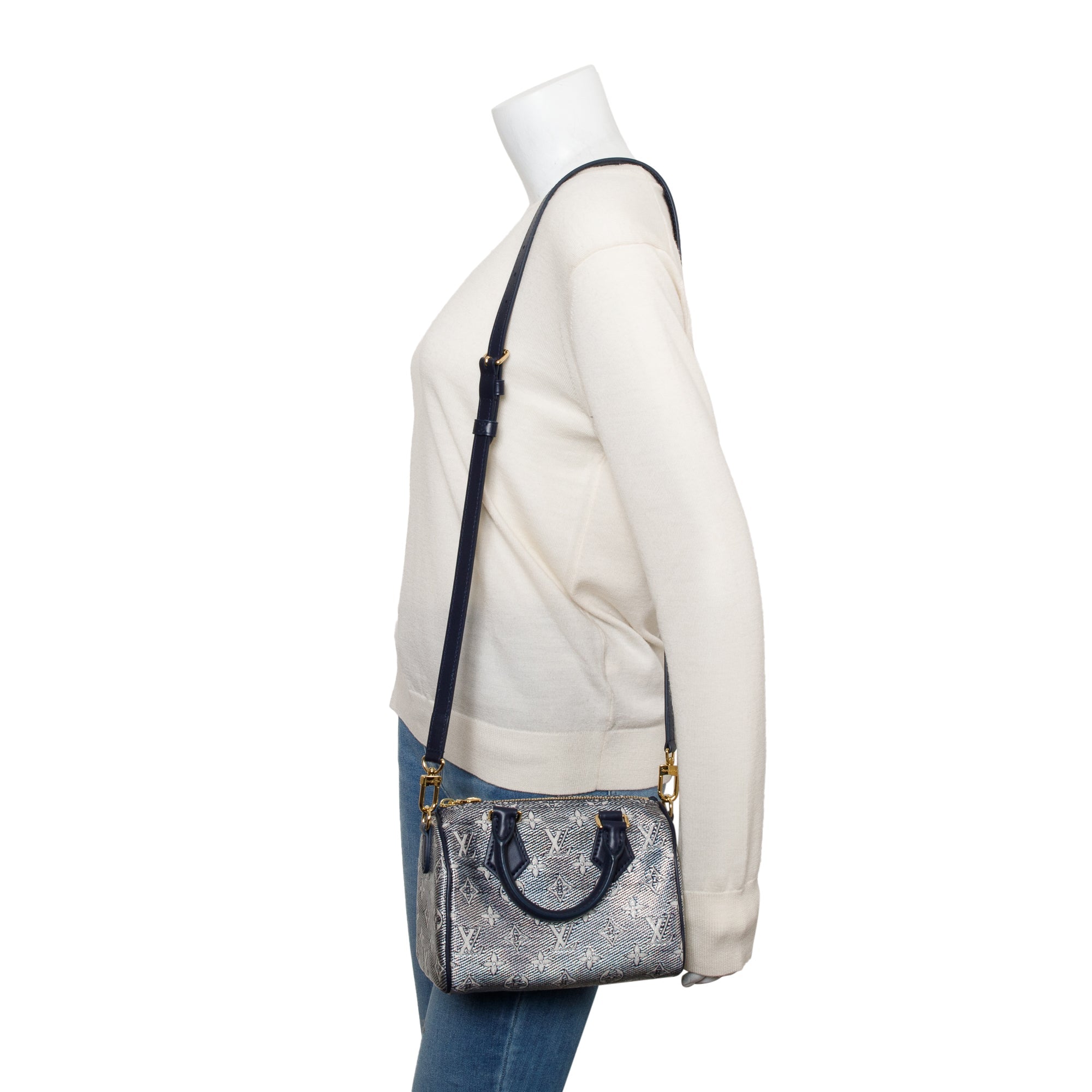 Louis Vuitton 2022 Blue Monoglam Jacquard Canvas Speedy Bandouliere 20 w/ Strap & Box