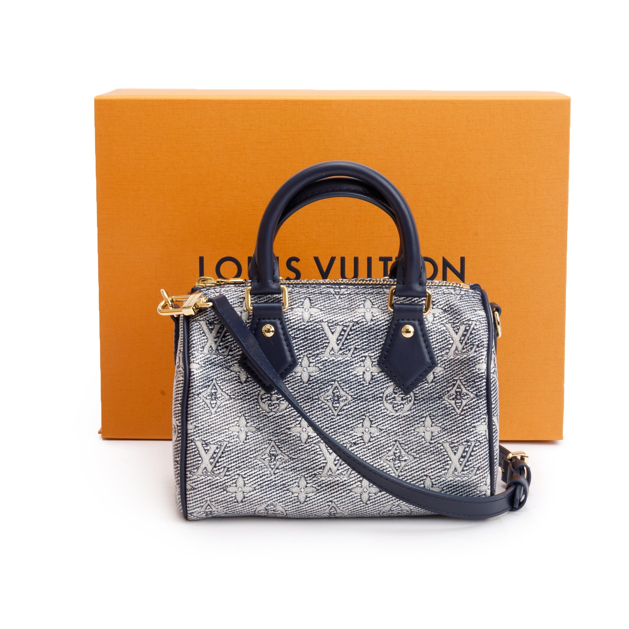 Louis Vuitton 2022 Blue Monoglam Jacquard Canvas Speedy Bandouliere 20 w/ Strap & Box