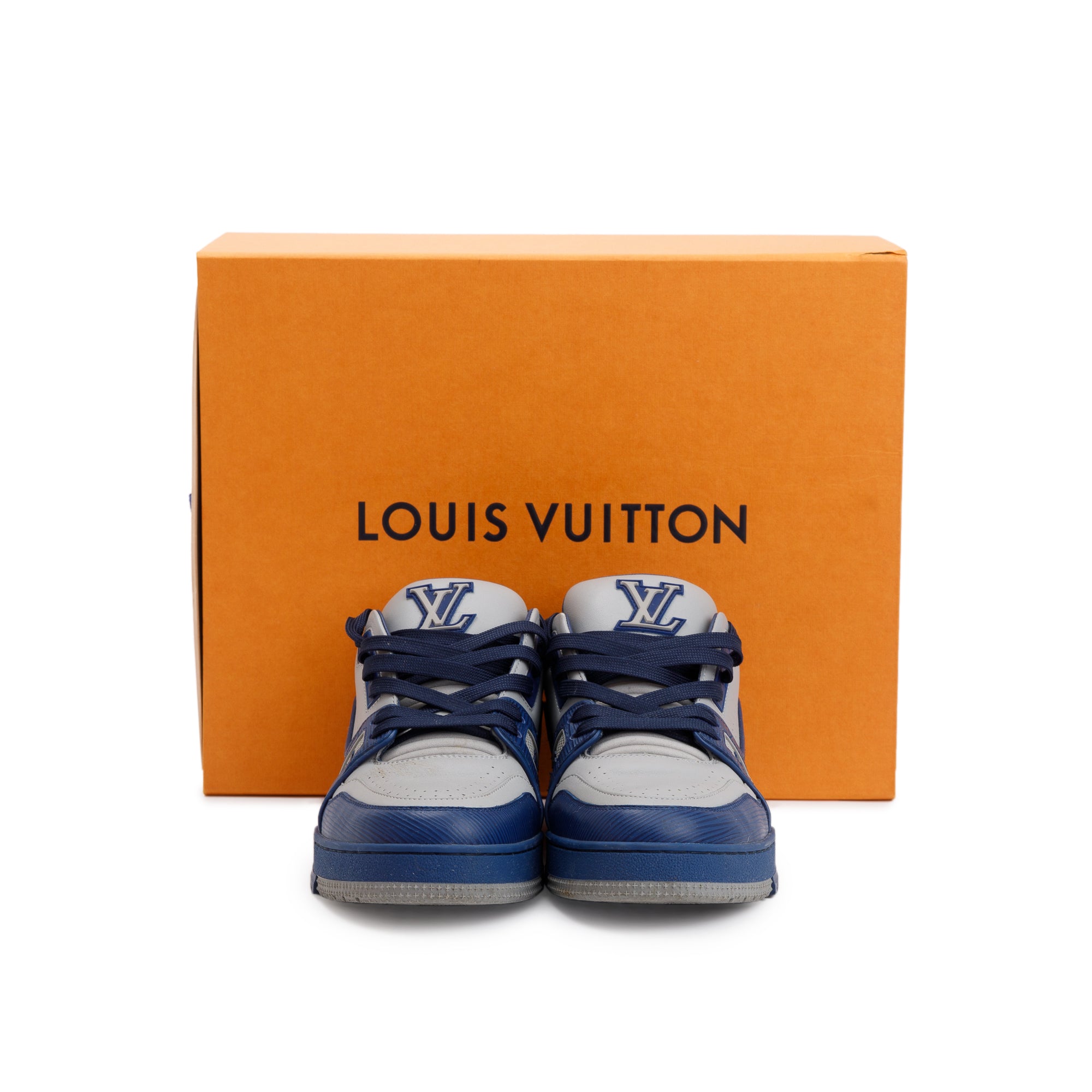 Louis Vuitton 2022 Blue/Grey Calfskin LV Trainer Sneakers, Size 7.5 w/ Box