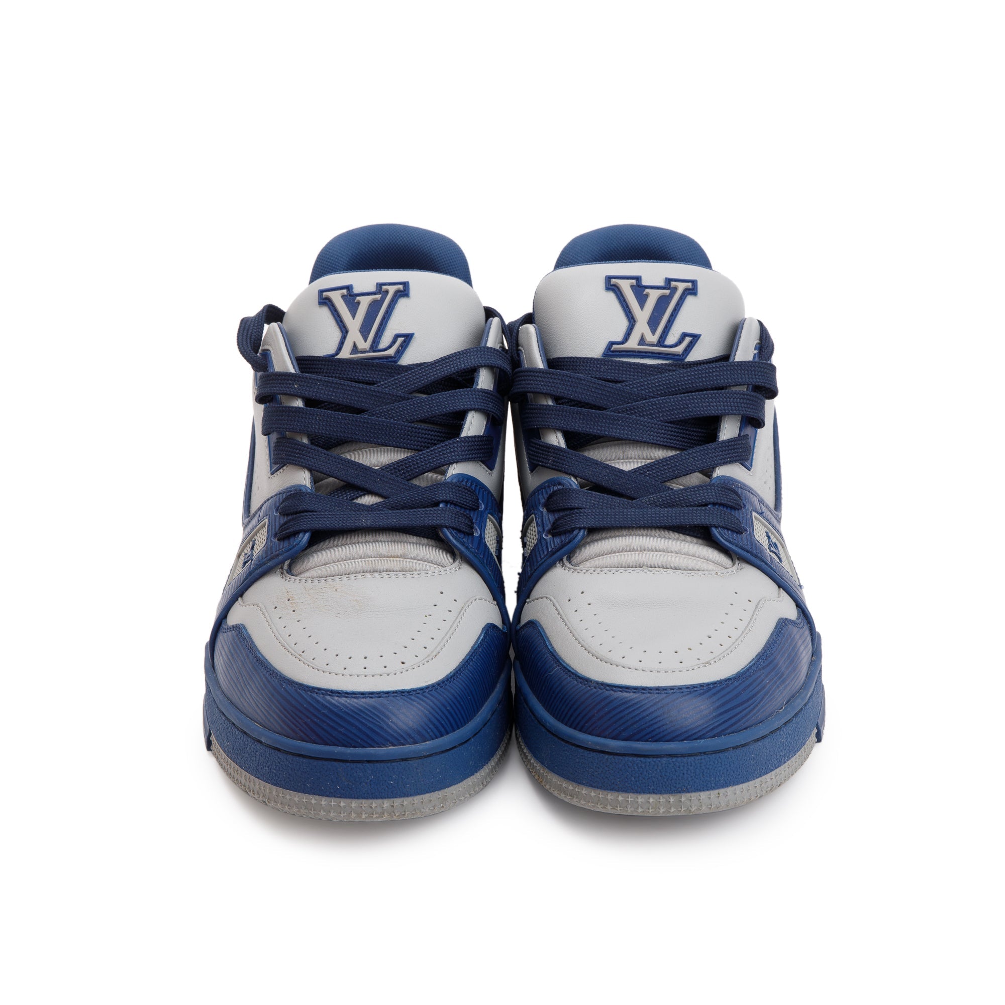 Louis Vuitton 2022 Blue/Grey Calfskin LV Trainer Sneakers, Size 7.5 w/ Box